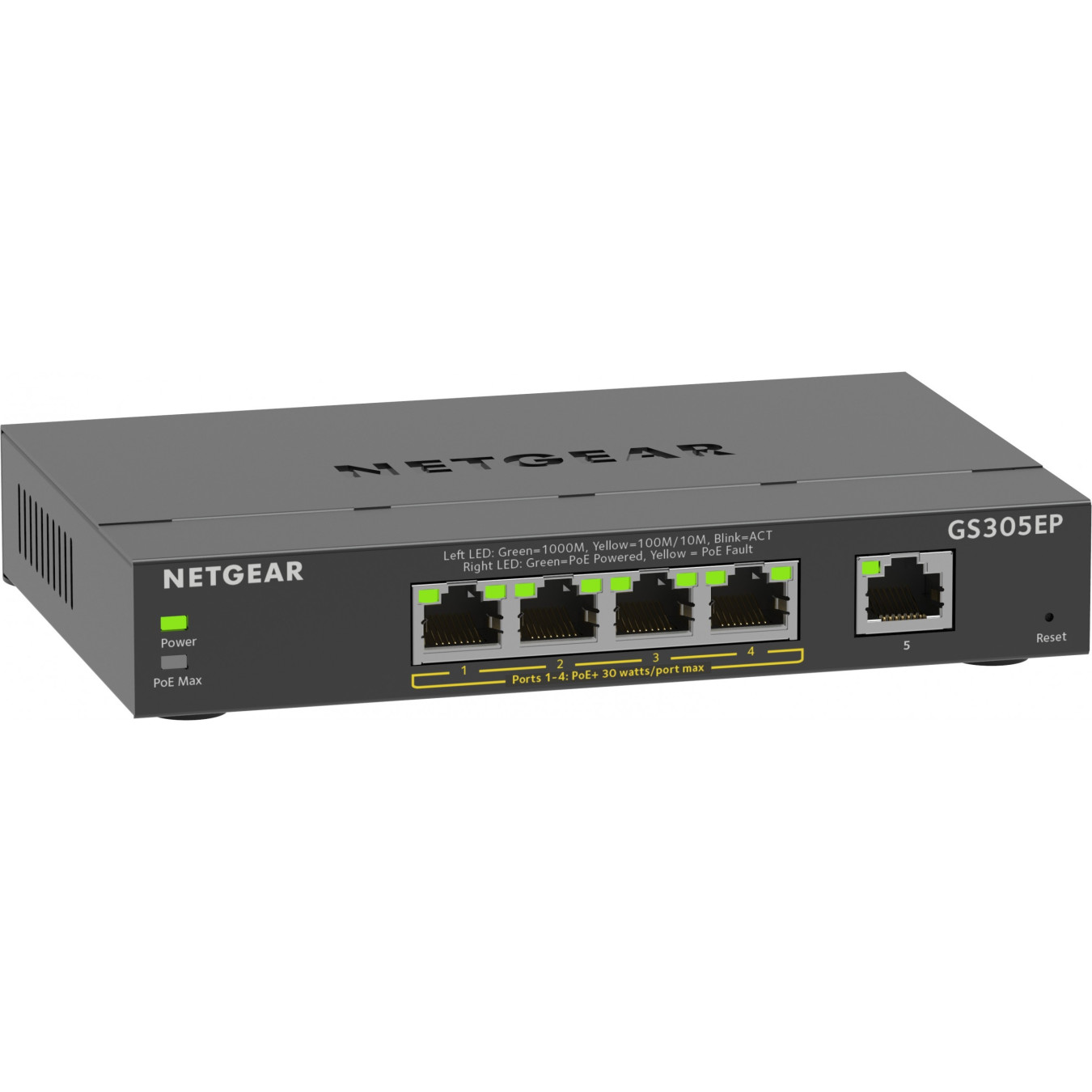 NETGEAR GS305EP-100PES - 5-Port Gigabit Managed L2/L3 PoE+ Switch (4 PoE+ ports, 63W) - Black