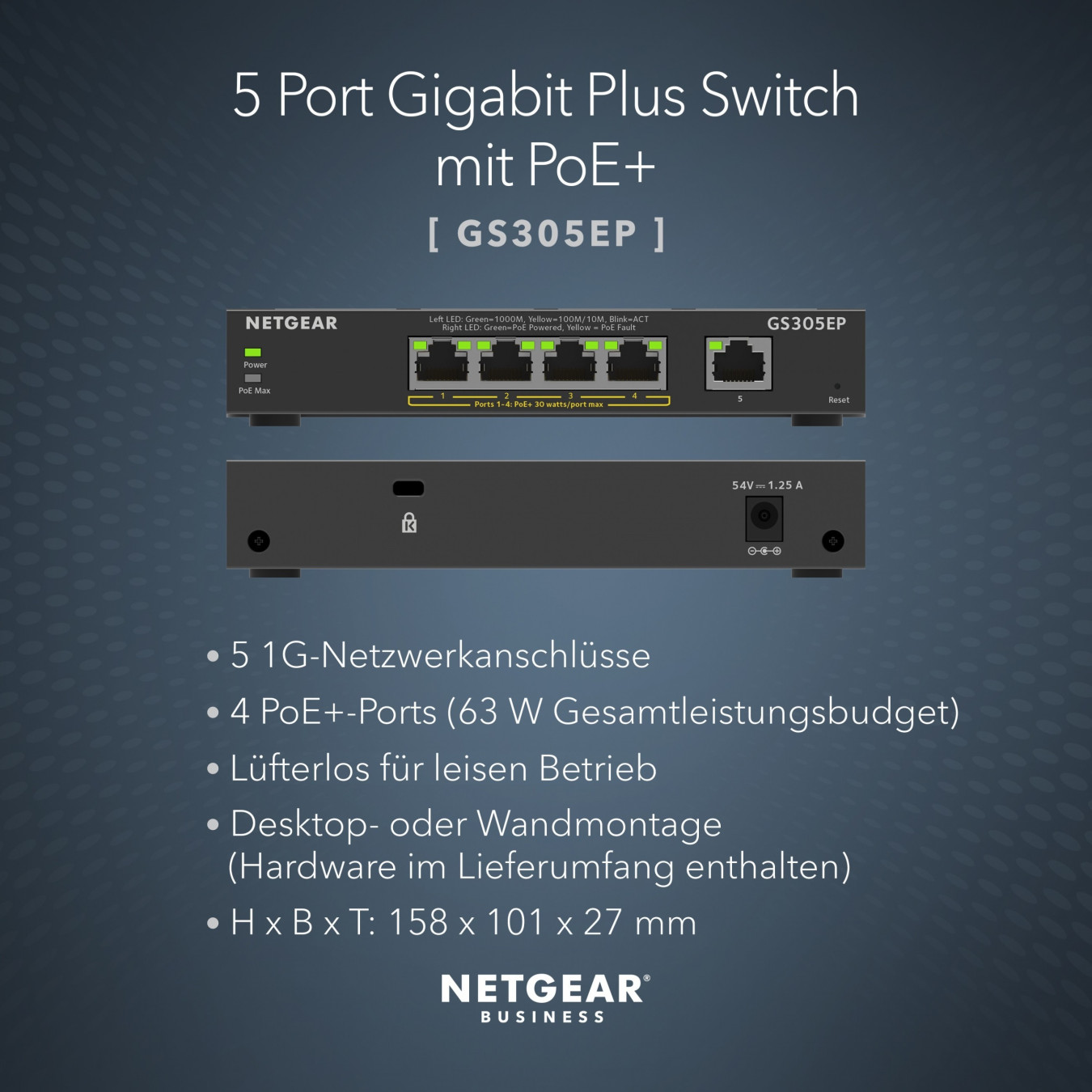 NETGEAR GS305EP-100PES - 5-Port Gigabit Managed L2/L3 PoE+ Switch (4 PoE+ ports, 63W) - Black