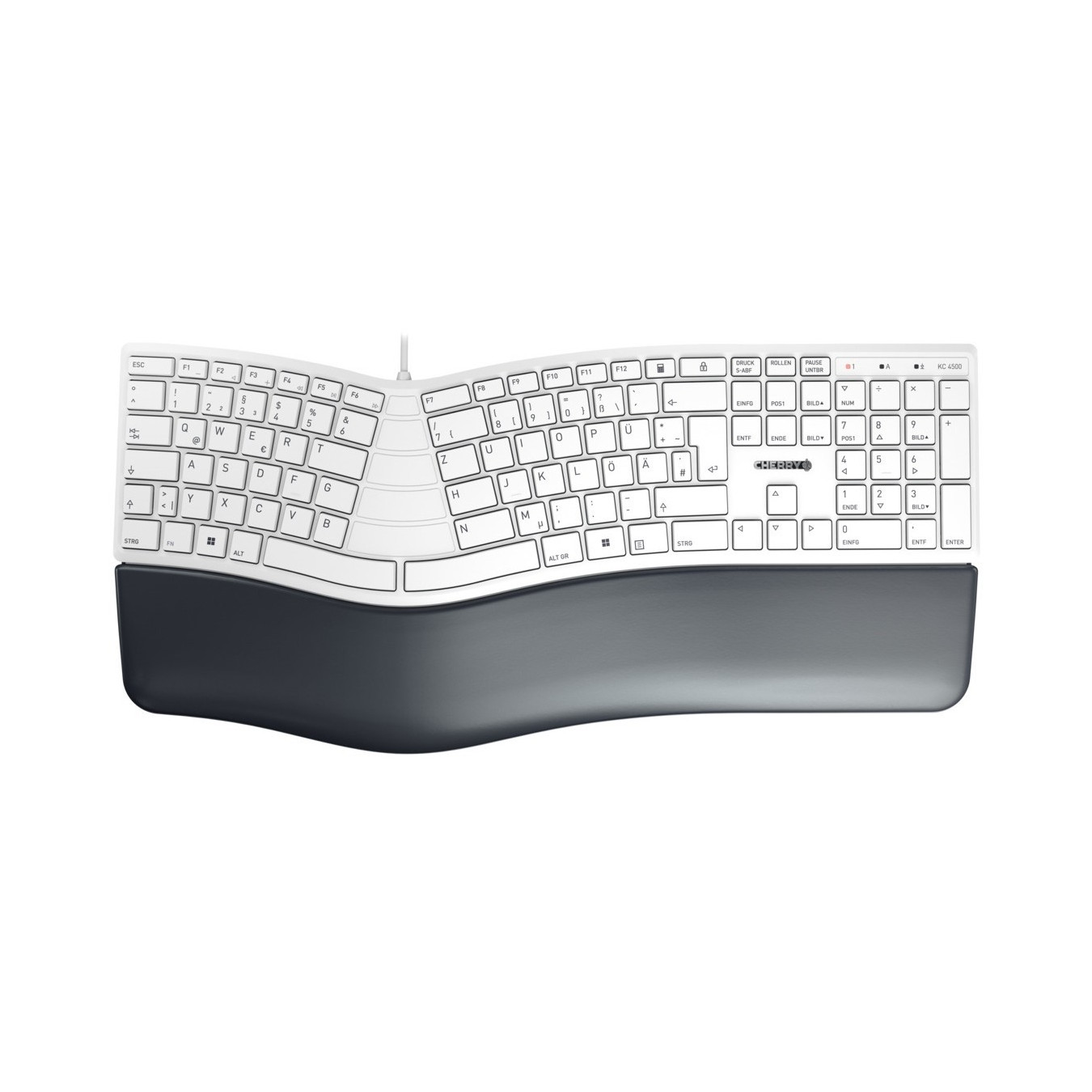 CHERRY KC 4500 ERGO - Corded USB Ergonomic Curved Keyboard, QWERTZ German, 109 Keys, White/Grey
