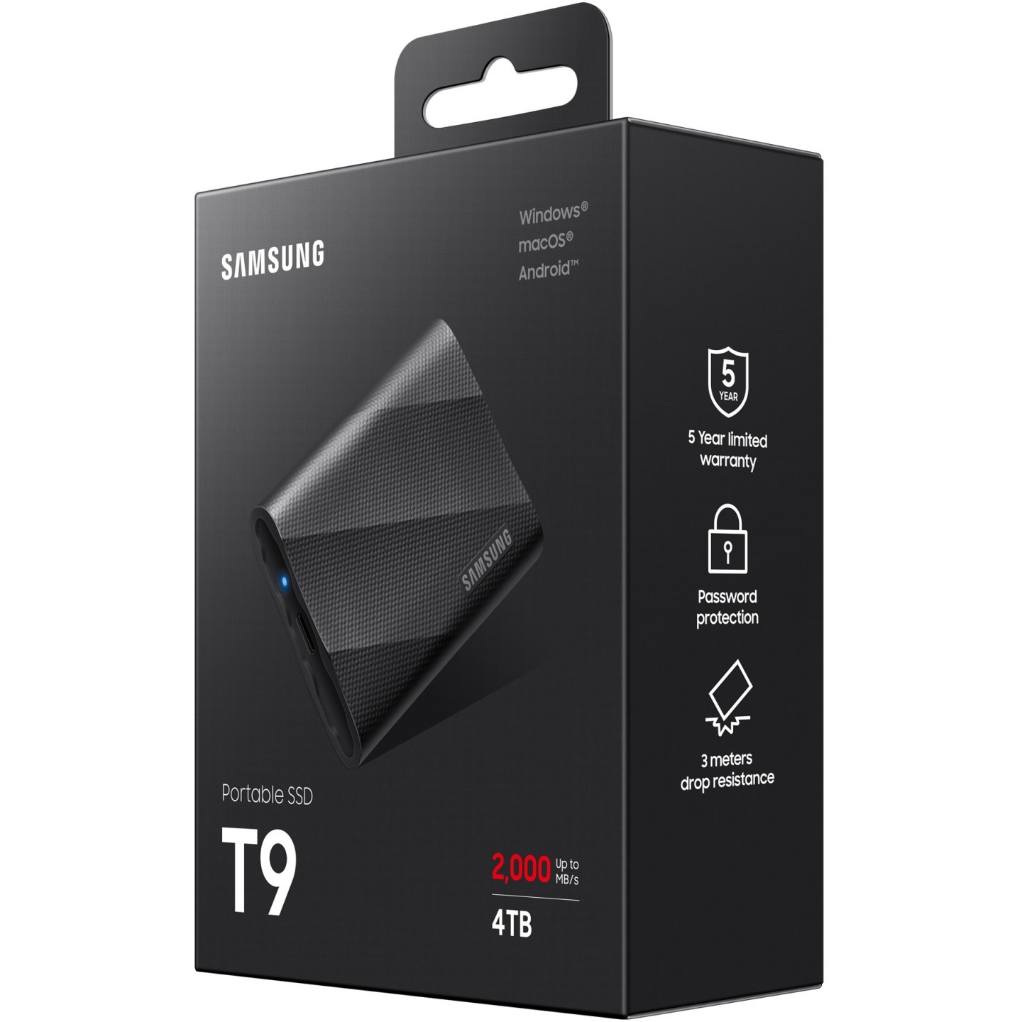 Samsung Portable SSD T9 - MU-PG4T0B - 4TB NVMe USB-C 3.2 Gen2 Black, 2000 MB/s, Password-Protected
