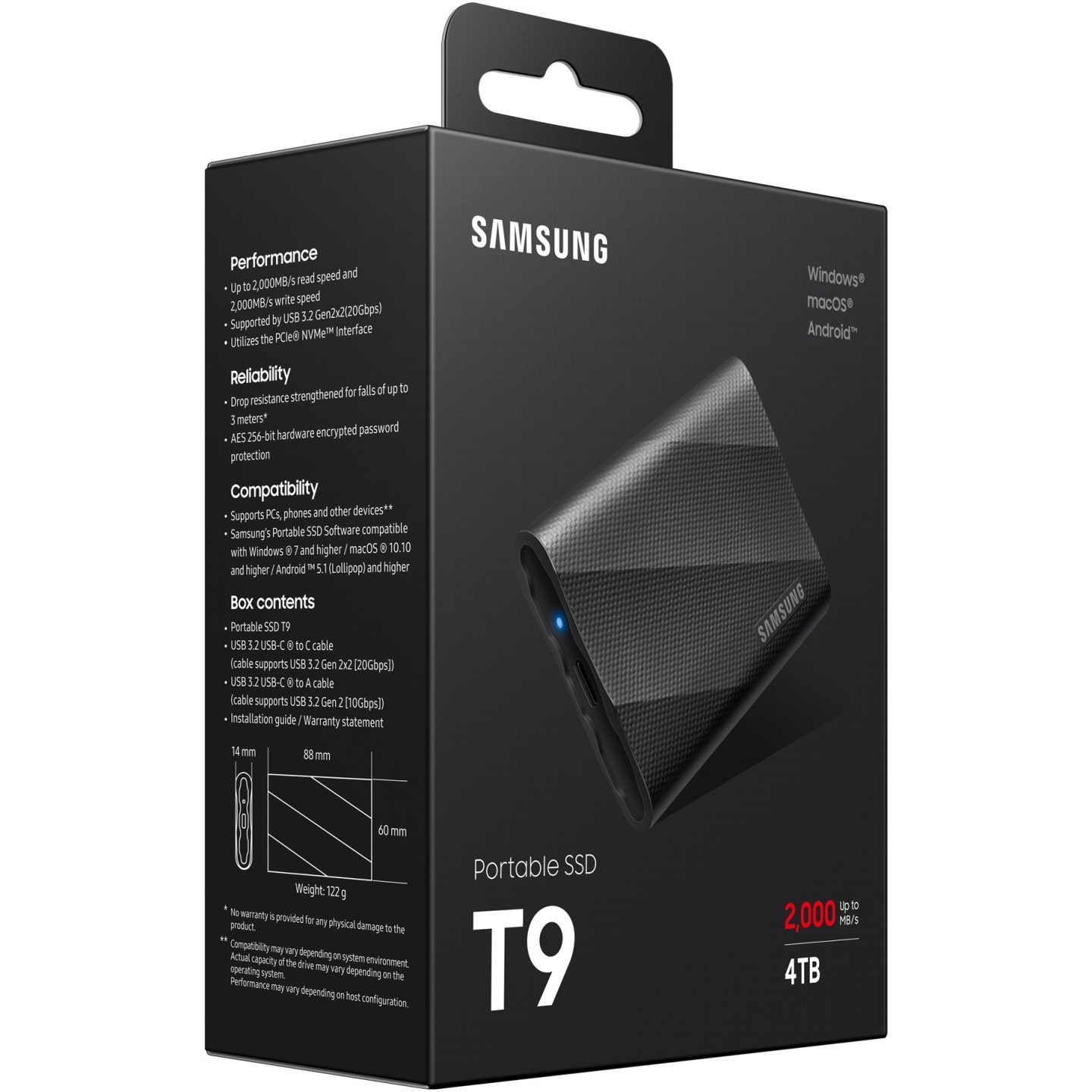 Samsung Portable SSD T9 - MU-PG4T0B - 4TB NVMe USB-C 3.2 Gen2 Black, 2000 MB/s, Password-Protected