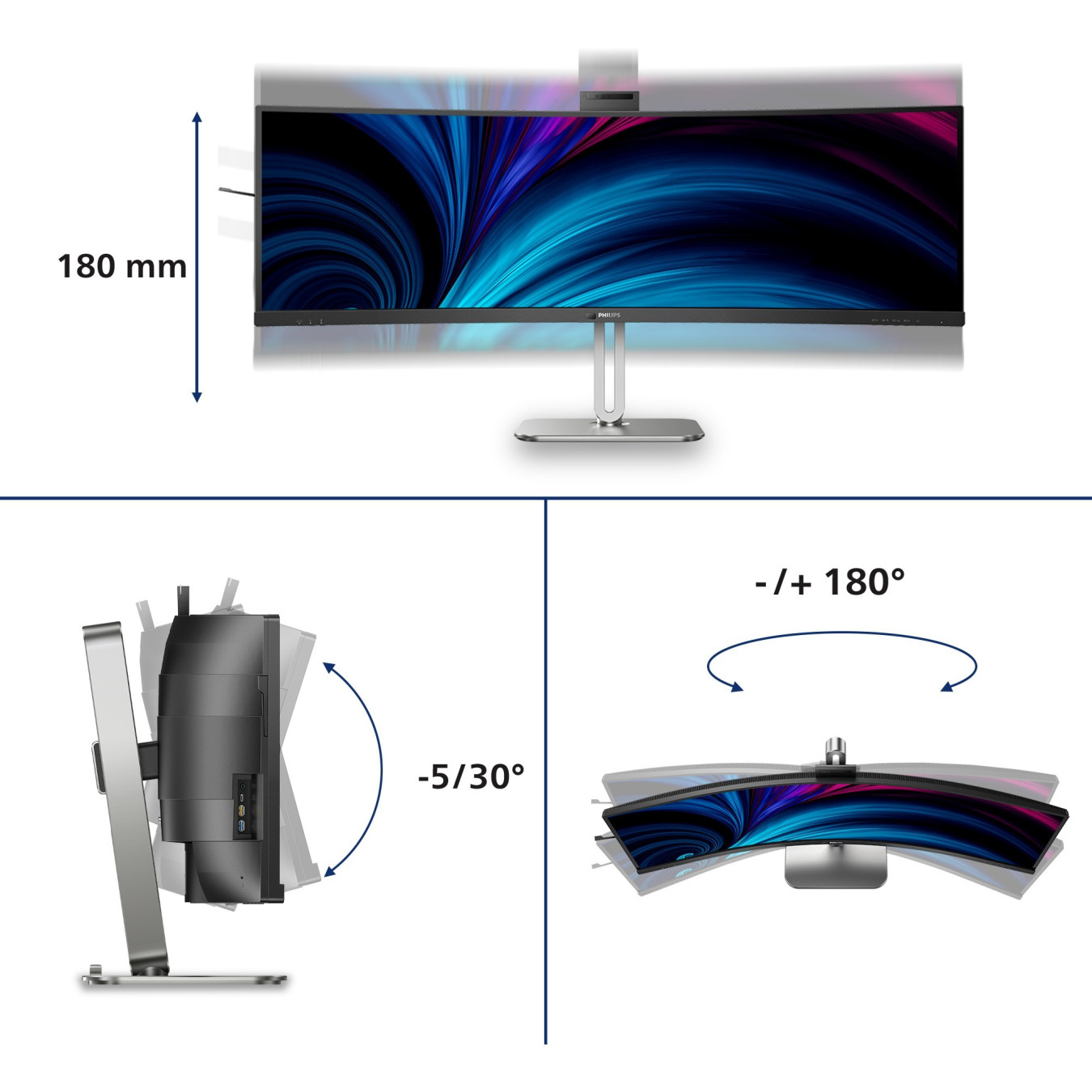 Philips 49B2U6903CH - 49" Dual QHD (5120x1440) 32:9 Curved VA Monitor, 100Hz, 4ms, USB-C PD 100W, 2xHDMI/DP, Grey