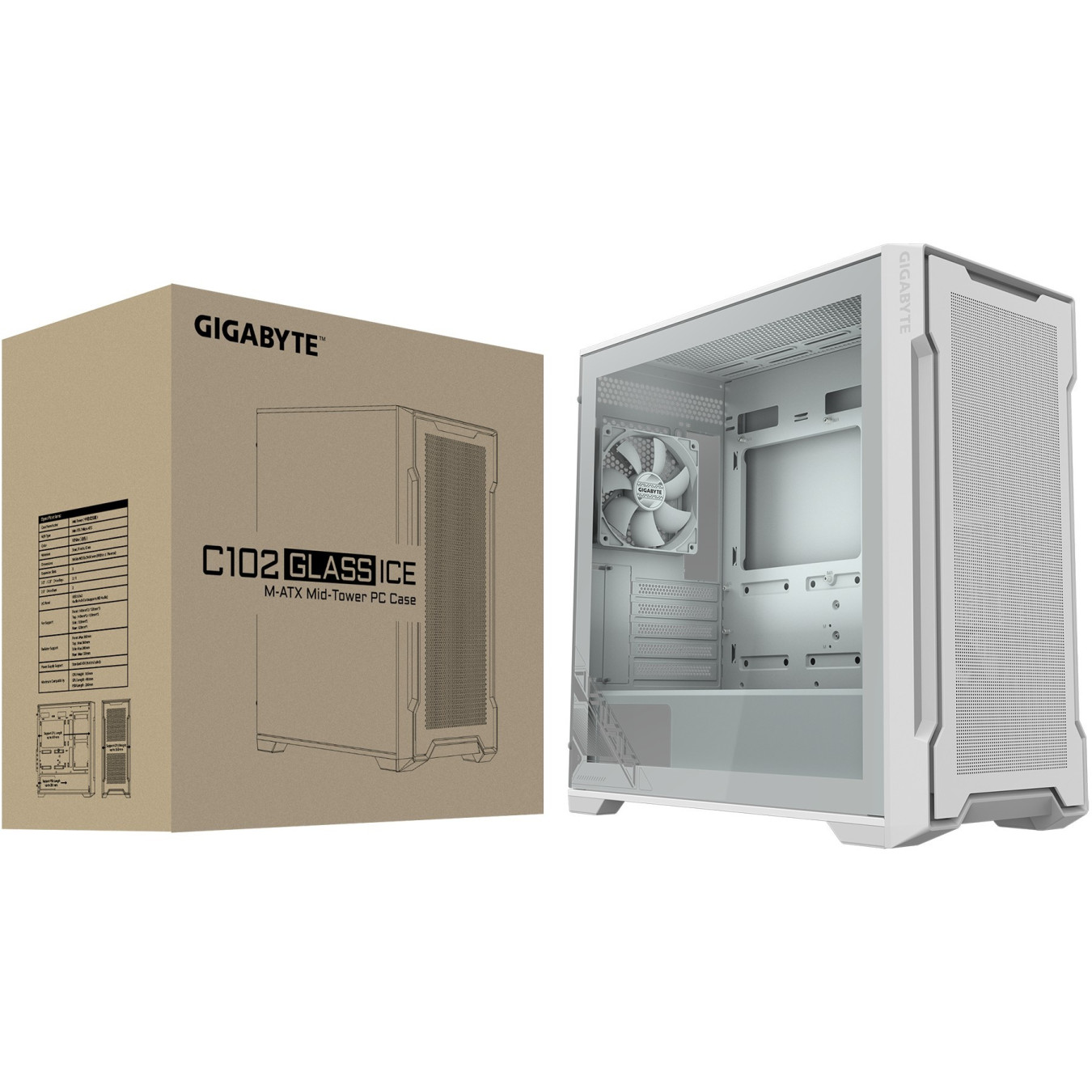 GIGABYTE C102GI Mini-ATX Mid-Tower Case - White, Tempered Glass, 360mm Radiator Support, 410mm GPU