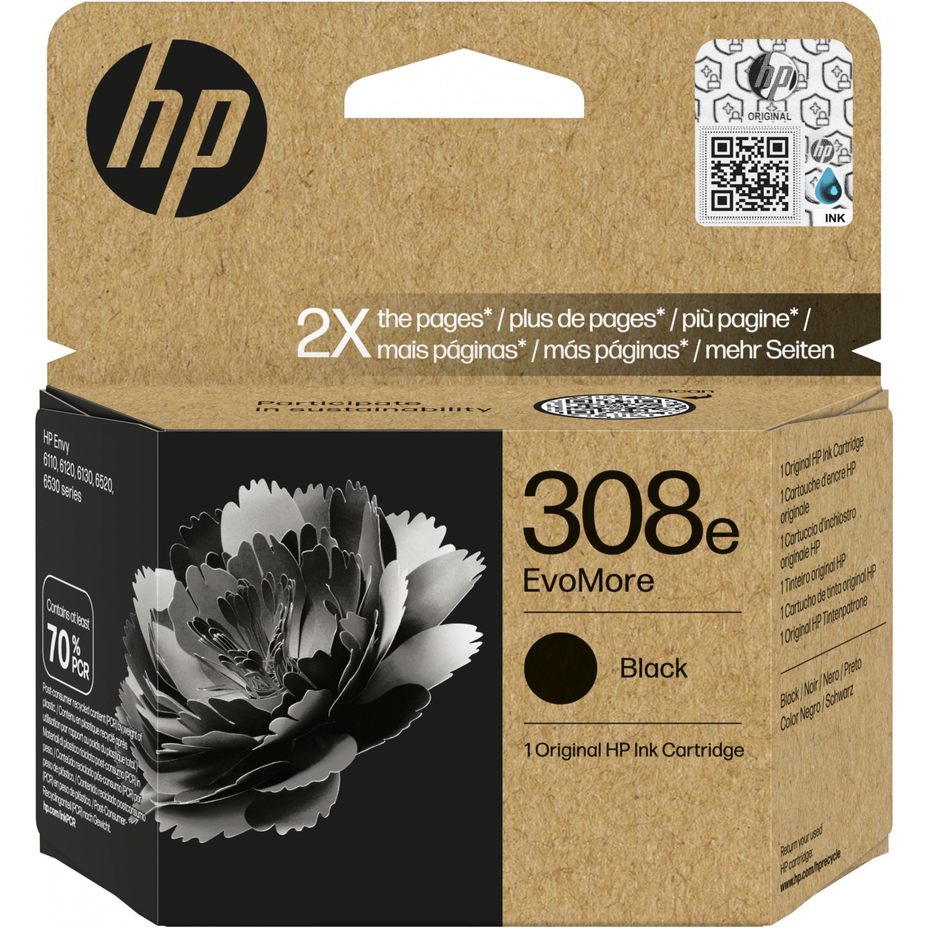 HP EvoMore 308e Ink Cartridge - 308e - Original Black, Standard Yield (320 pages), Pigment Ink, Single Pack