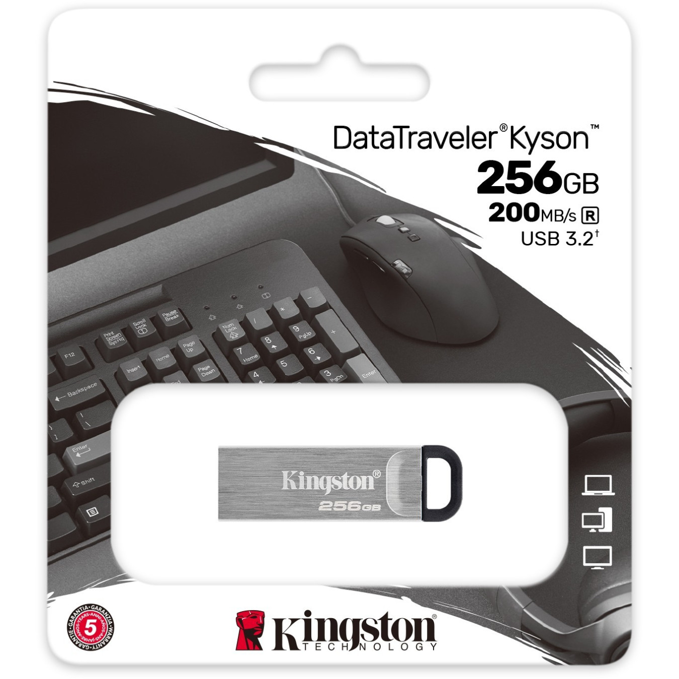 Kingston DataTraveler Kyson 256GB USB 3.2 Gen 1 Flash Drive - Silver, 200MB/s Read, Capless with Key Ring