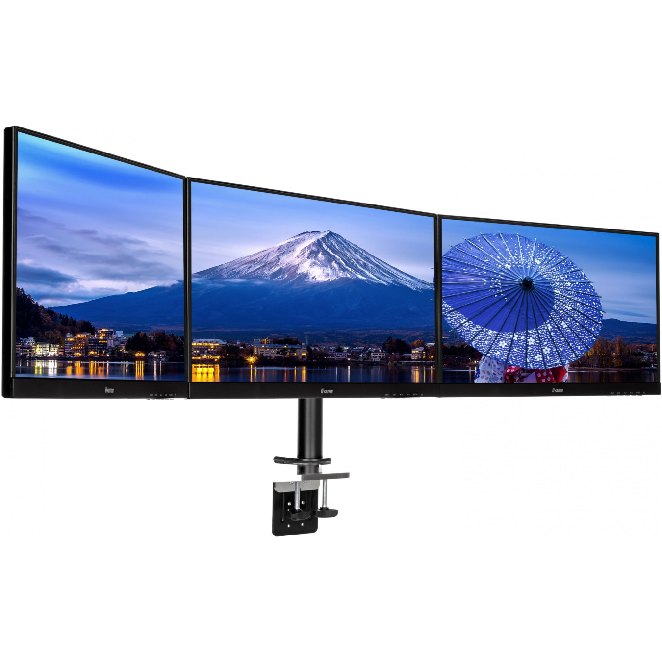 iiyama DS1003C-B1 Triple Monitor Desk Clamp Mount - 3-Arm, VESA 75x75/100x100, up to 27 in, 30 kg, Black