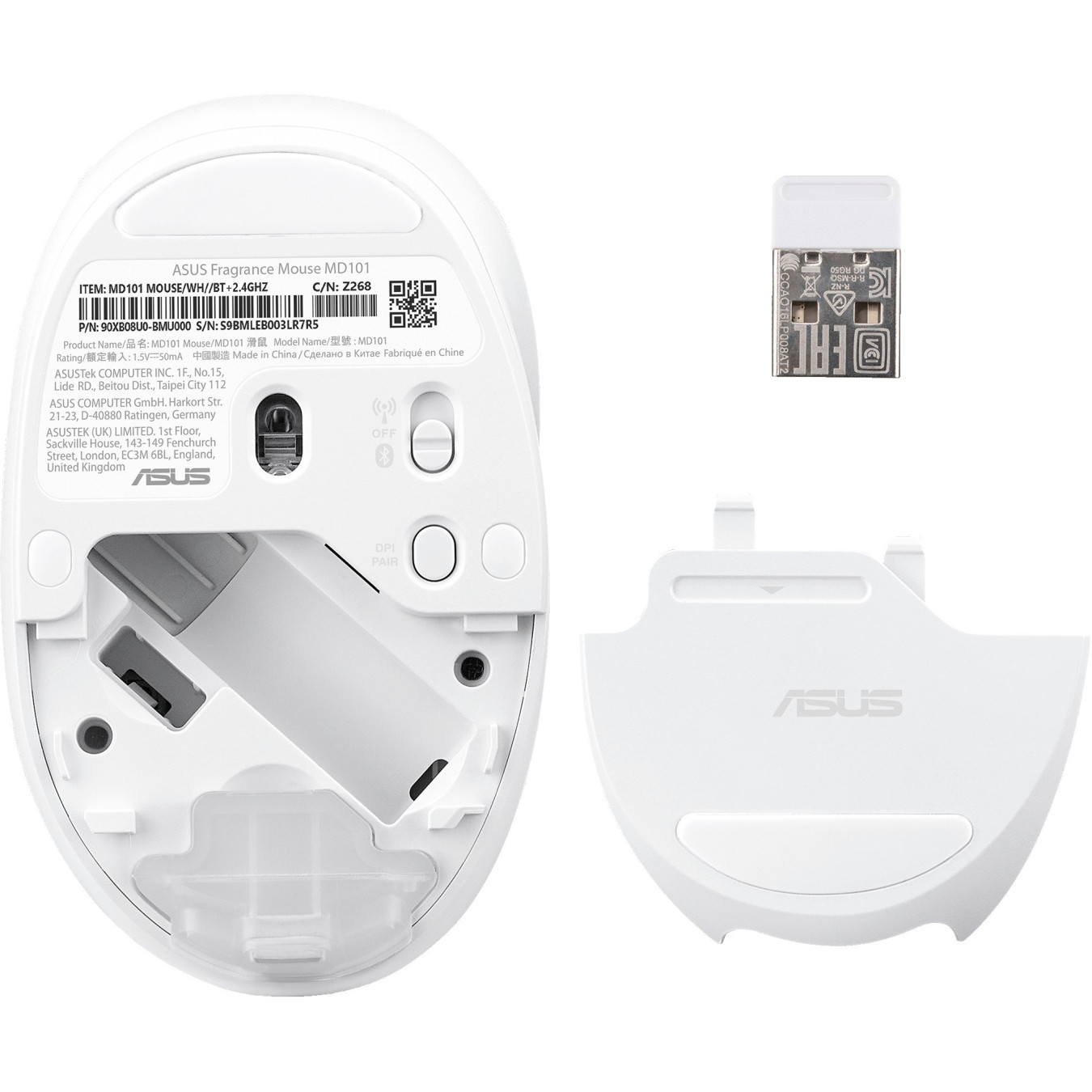 ASUS MD101 - Ambidextrous Wireless Mouse (White) - RF 2.4GHz + Bluetooth 5.3, 2400 DPI, AA Battery