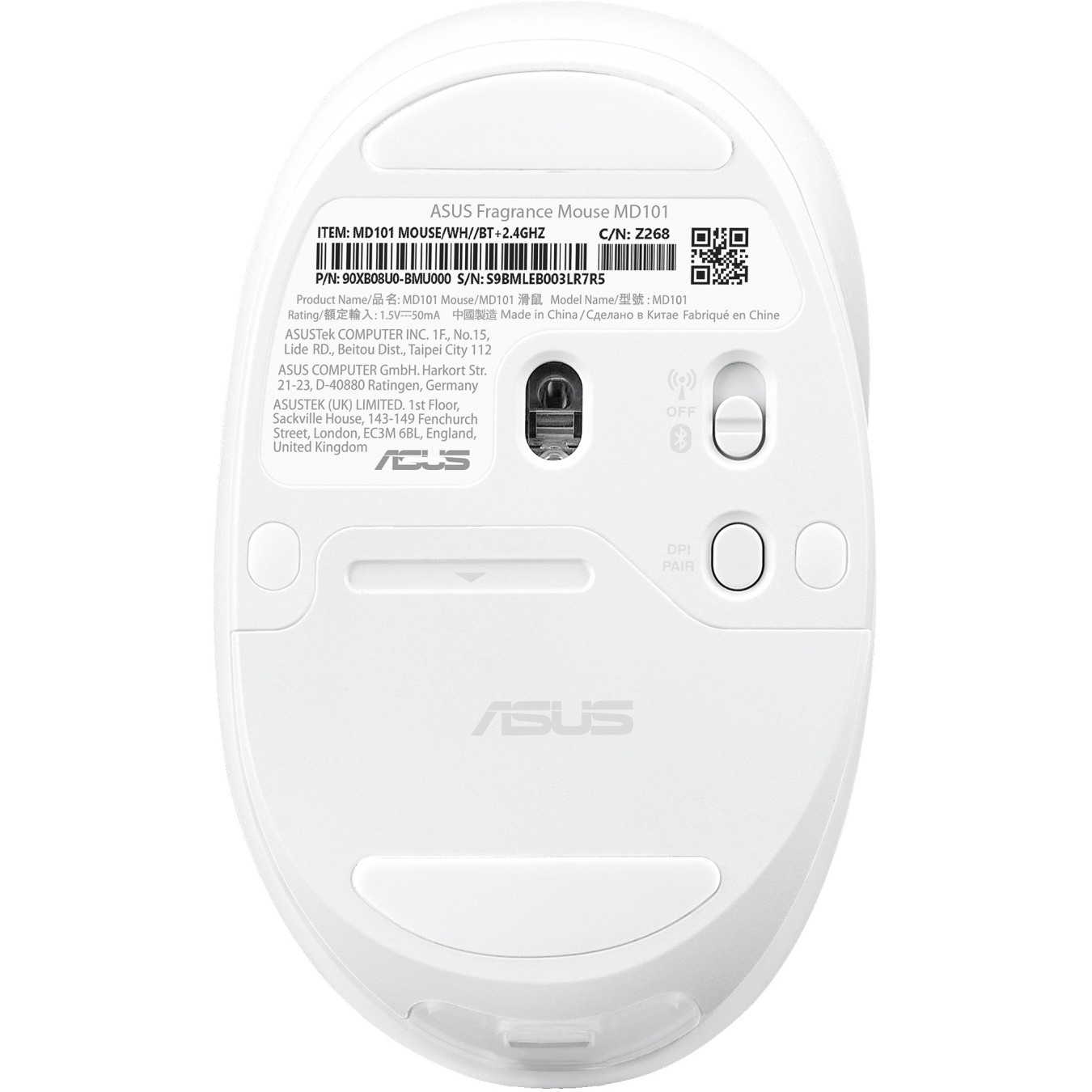 ASUS MD101 - Ambidextrous Wireless Mouse (White) - RF 2.4GHz + Bluetooth 5.3, 2400 DPI, AA Battery