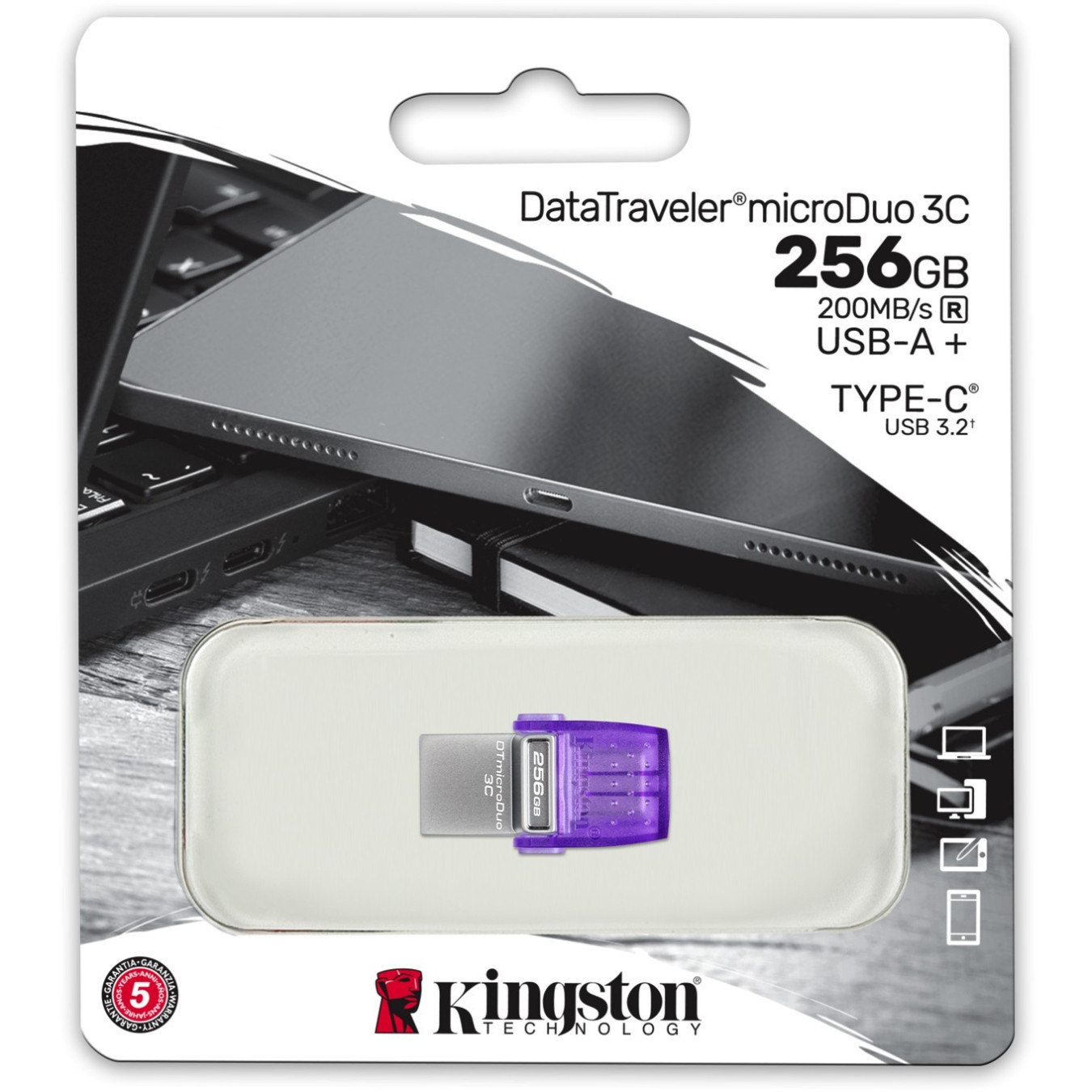 Kingston DataTraveler microDuo 3C - 256GB USB-A + USB-C Flash Drive, USB 3.2 Gen1, 200MB/s, Purple/Stainless Steel