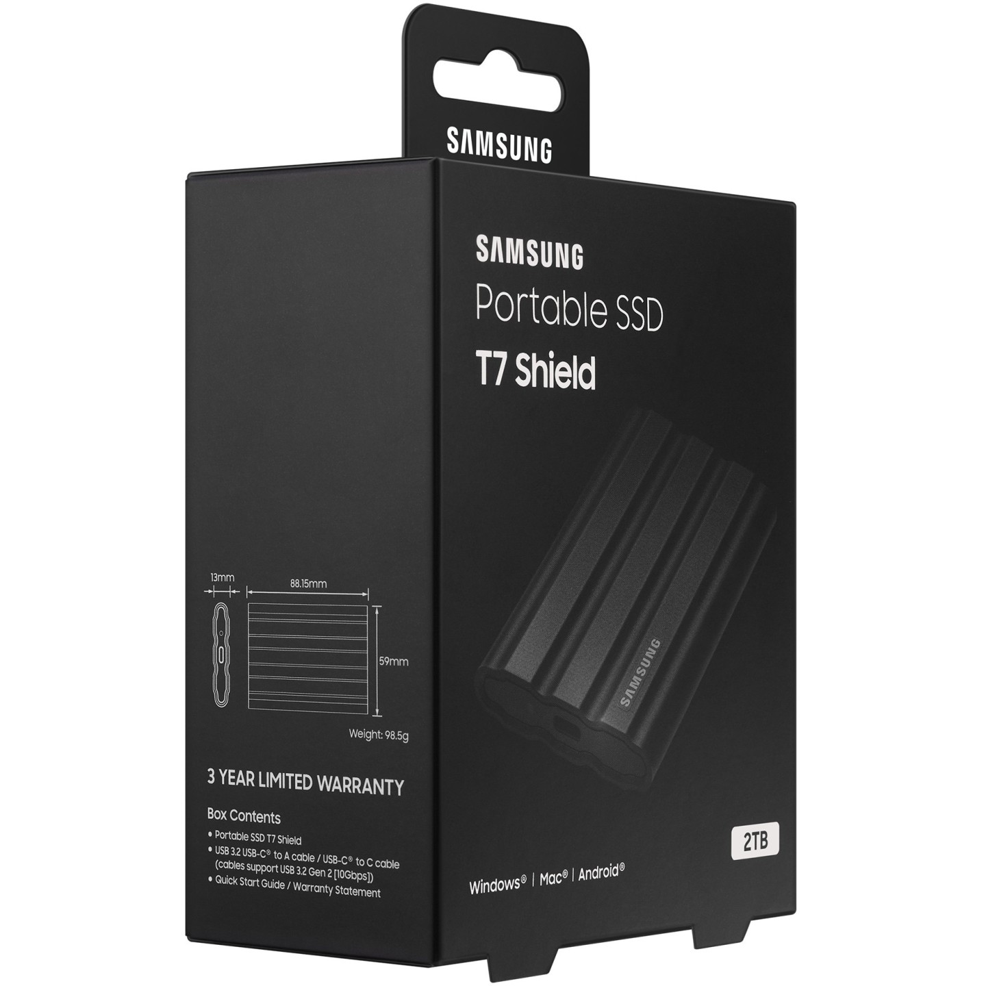Samsung Portable SSD T7 Shield - MU-PE2T0S - 2TB, USB-C (USB 3.2 Gen2), 1050MB/s, Black, Rugged