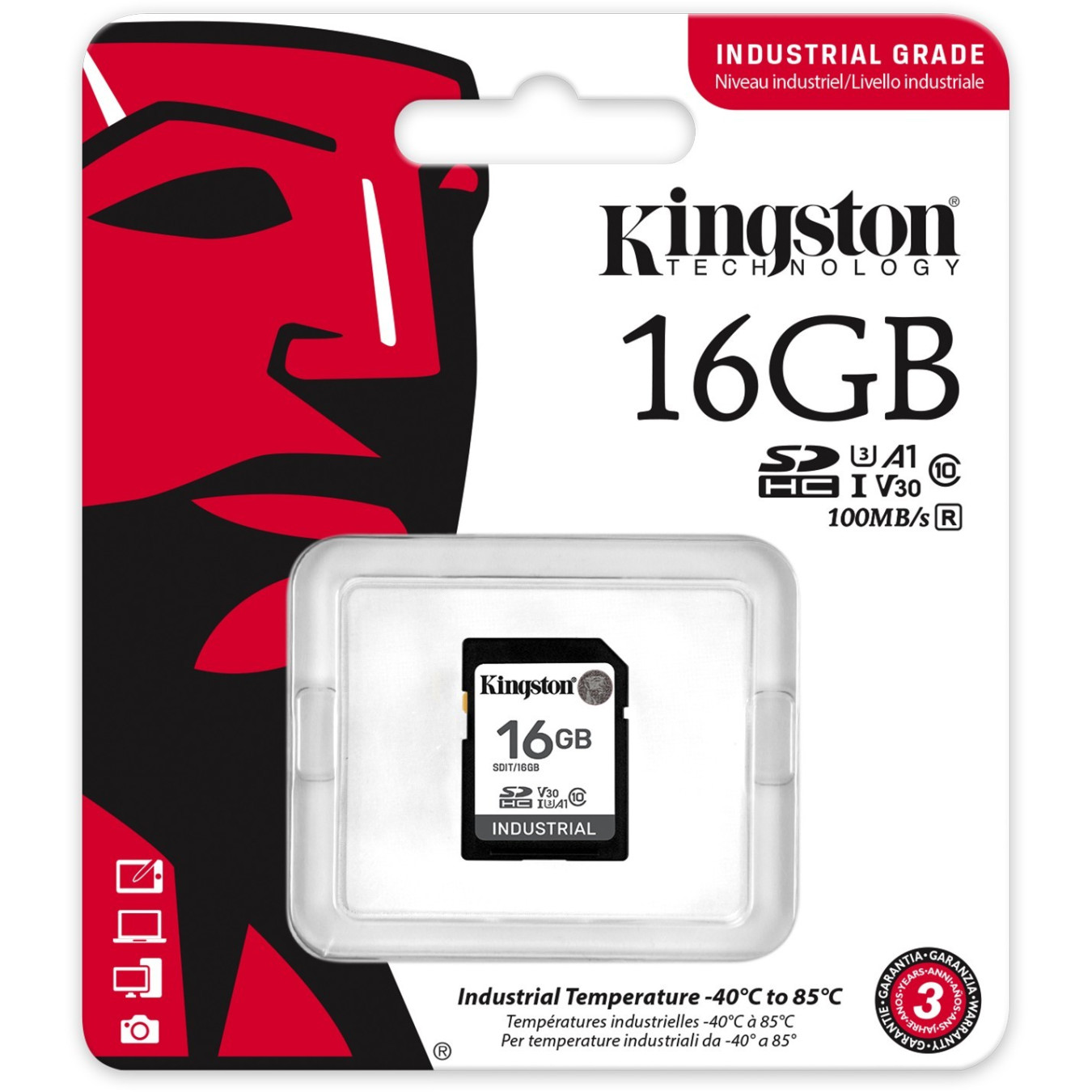Kingston Industrial SDHC 16GB pSLC - UHS-I U3 V30, Class 10, 100/80 MB/s, -40°C to 85°C, Black