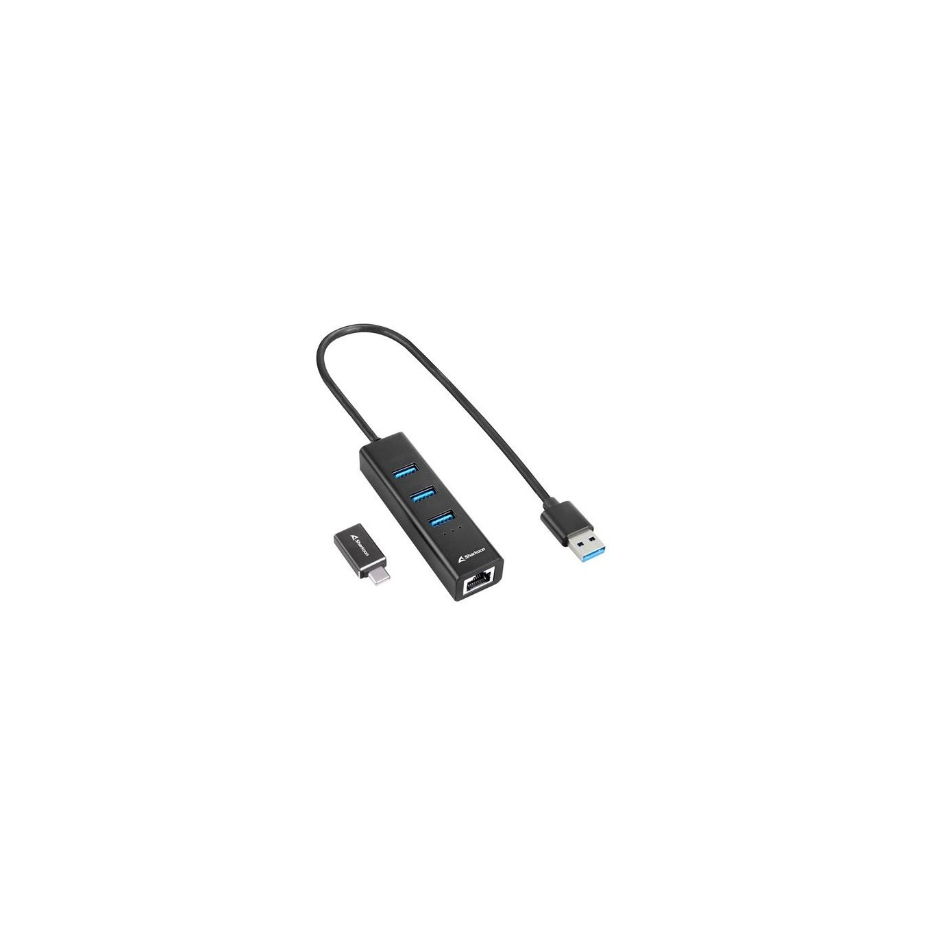 Sharkoon 3-Port USB 3.2 Gen 1 Alu Hub + Ethernet - 4044951037575 - Black, USB-C host, 3× USB-A