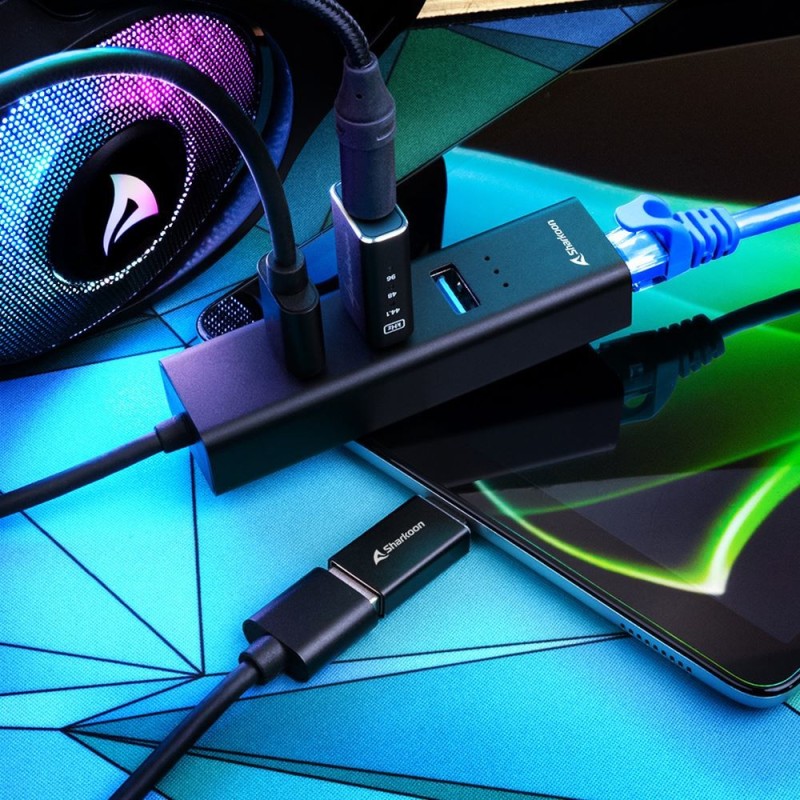 Buy Sharkoon 3-Port USB 3.2 Gen 1 Alu Hub + Ethernet - 4044951037575 - Black, US... in Cyprus, Nicosia, Limassol, Larnaka, Pafos