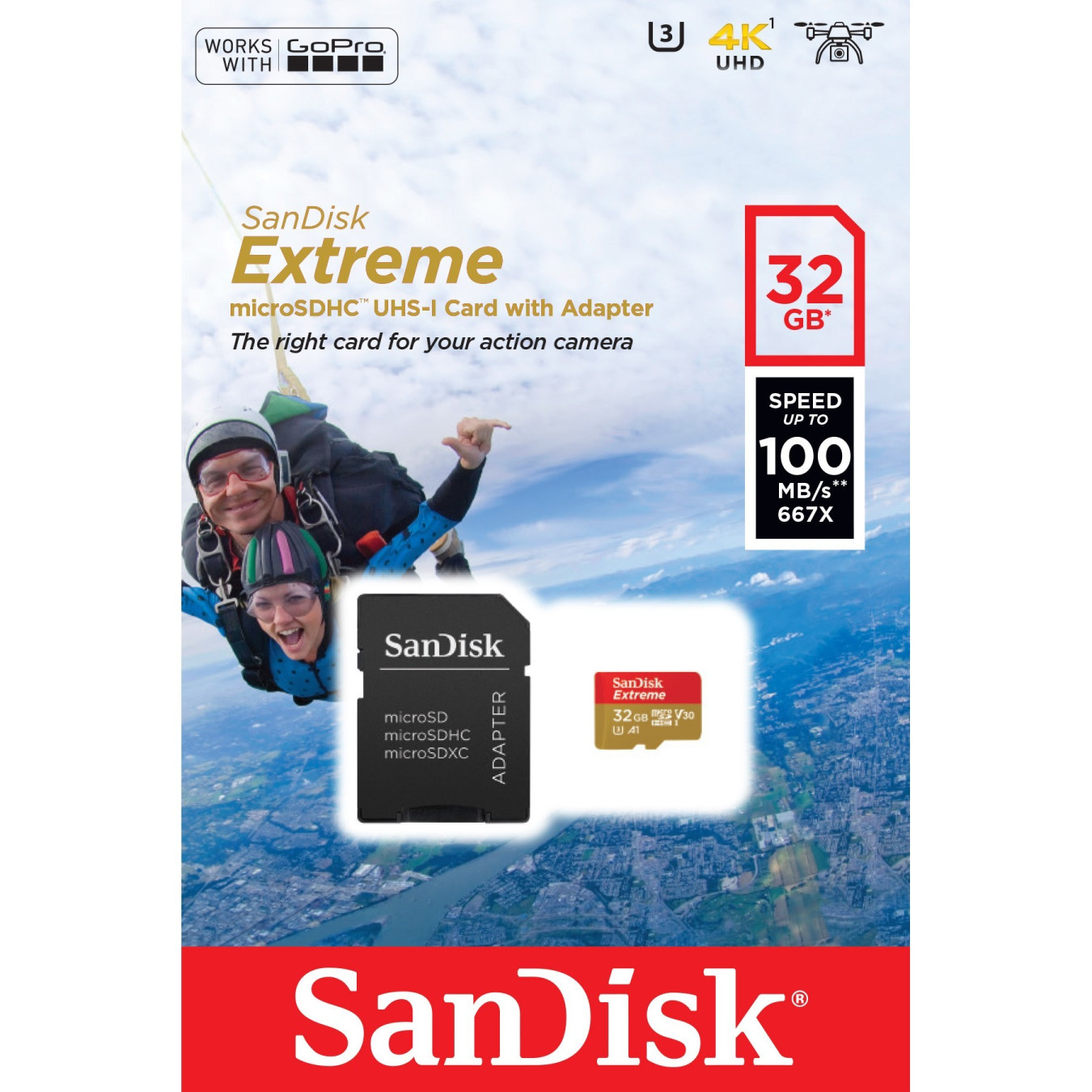 SanDisk Extreme microSDHC 32GB - UHS-I U3 V30, 100MB/s Read 60MB/s Write - Red/White + SD Adapter