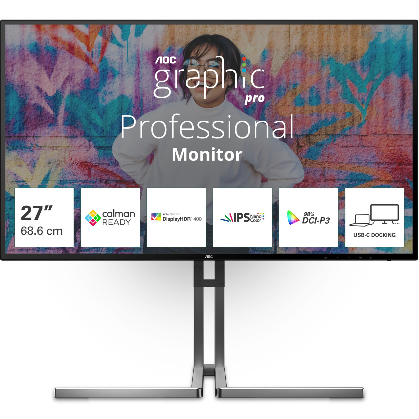 AOC U27U3CV 4K Nano IPS Monitor - U27U3CV - Black, 27 inch, 3840x2160, 60 Hz, HDR400, USB-C PD 96 W, 2x HDMI 2.0, DP 1.4