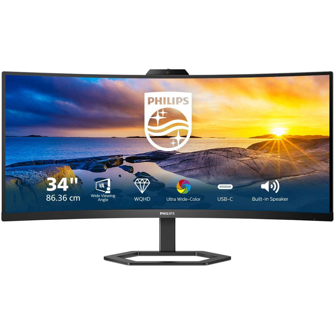 Philips 34E1C5600HE - 34 inch Curved VA Monitor, UWQHD 3440x1440, 1500R, HDMI/DP/USB-C, 100 Hz, Black