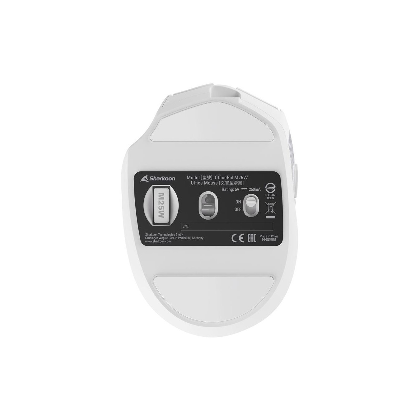 Sharkoon OfficePal M25W - M25W - Right-handed wireless optical mouse, 4000 DPI, USB-C, White