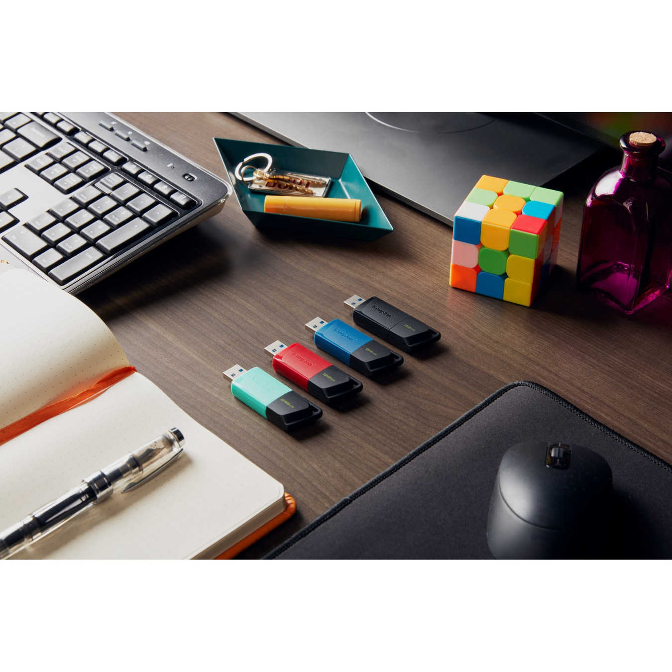 Kingston DataTraveler Exodia USB 3.2 Gen1 - 256GB USB-A Flash Drive, Black/Teal, Slide with Keyring