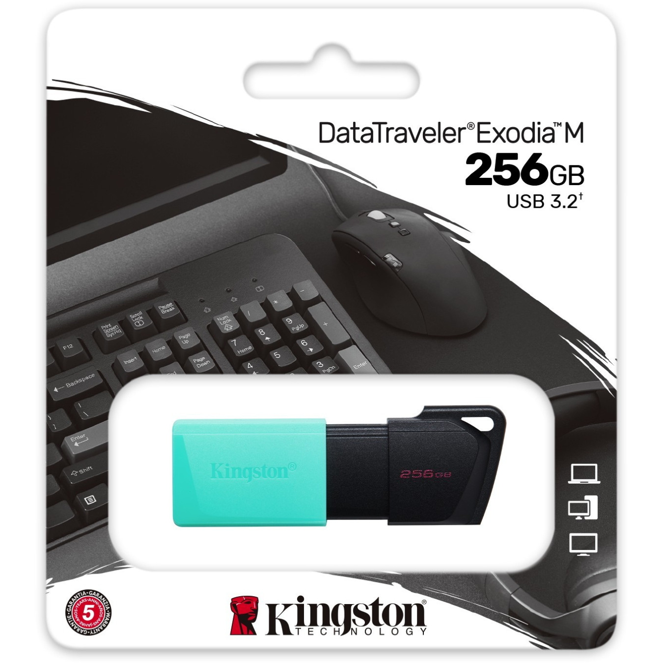 Kingston DataTraveler Exodia USB 3.2 Gen1 - 256GB USB-A Flash Drive, Black/Teal, Slide with Keyring