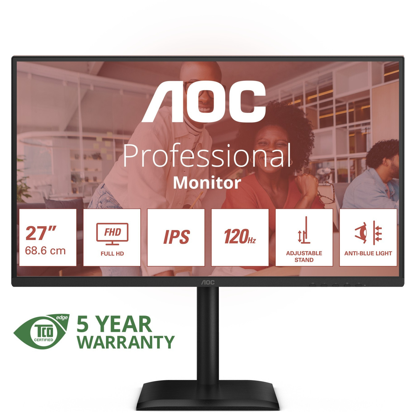 AOC 27E4U - 27-inch FHD IPS Monitor, 120Hz, 4ms GTG, HDMI/DP/VGA, 4x USB-A Hub, Height/Swivel/Pivot, Black