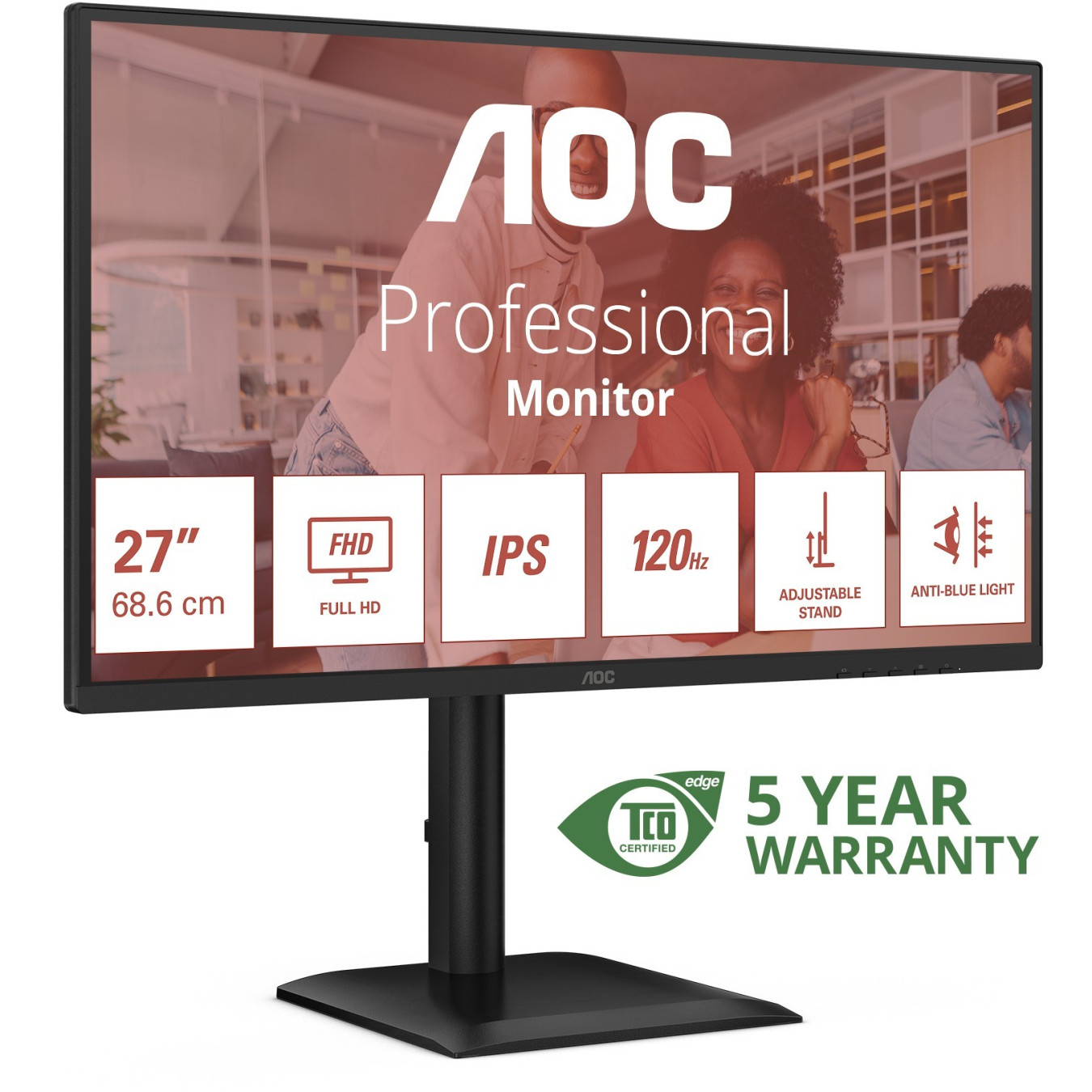 AOC 27E4U - 27-inch FHD IPS Monitor, 120Hz, 4ms GTG, HDMI/DP/VGA, 4x USB-A Hub, Height/Swivel/Pivot, Black