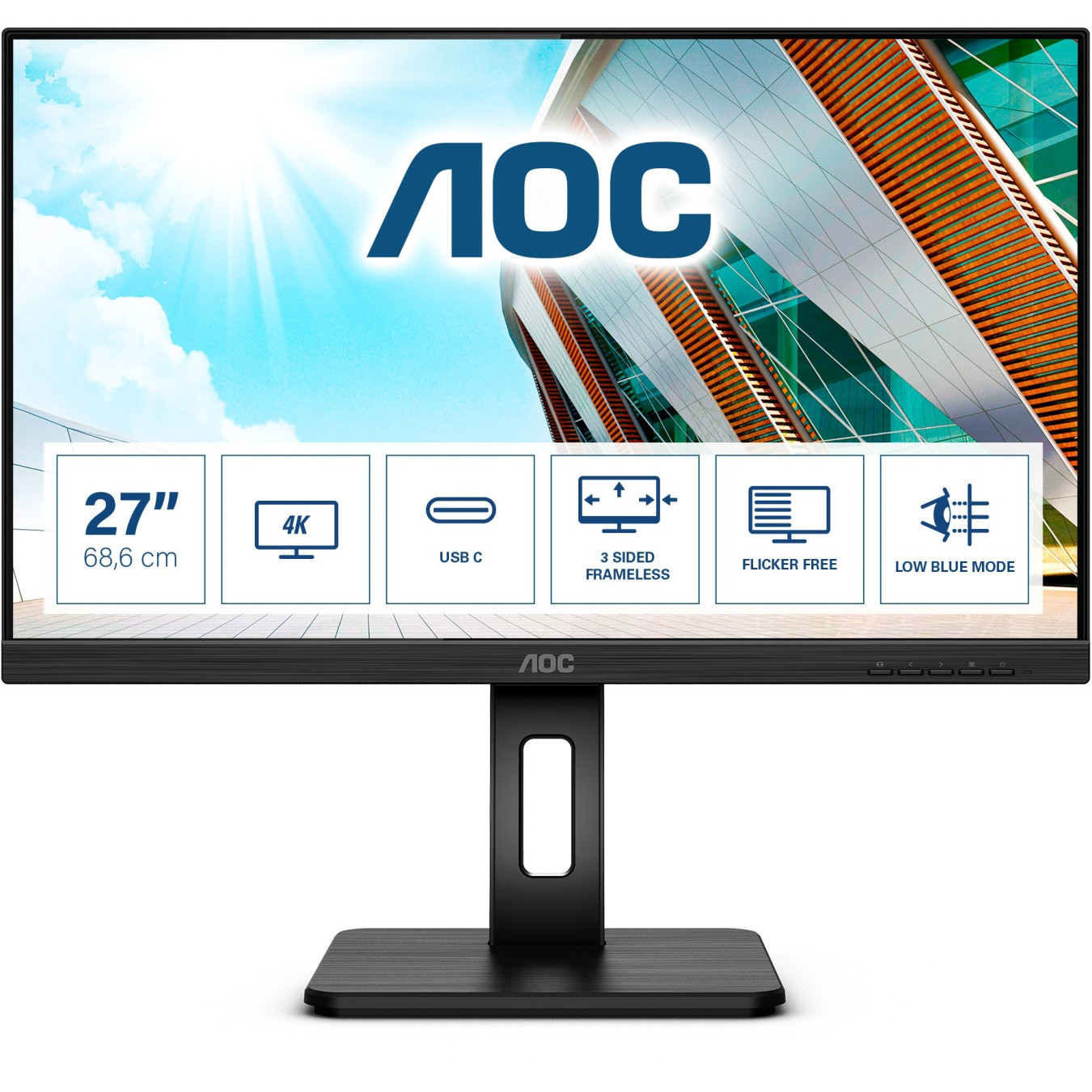 AOC U27P2CA - 27" 4K UHD IPS Monitor - 3840x2160, 60Hz, 4ms, USB-C PD65W, DP1.2 & HDMI2.0, Pivot/Height Adj, Black