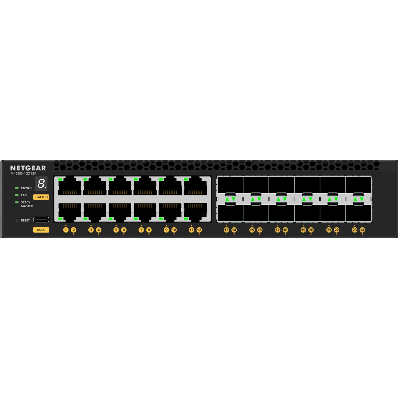 NETGEAR M4350-12X12F - 24-Port 10G (12x RJ45 + 12x SFP+) L3 Managed Switch - Black, 2GB RAM, 1.8GHz, 1U