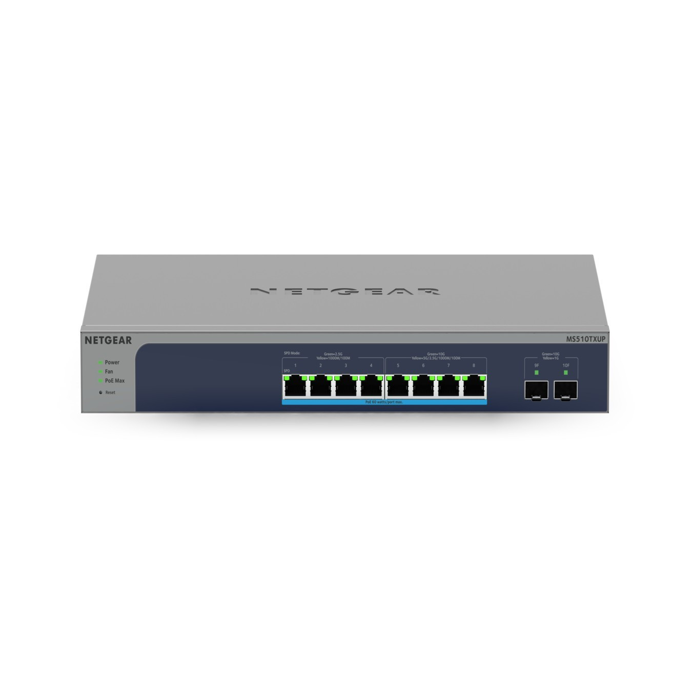 NETGEAR MS510TXUP - 8-Port PoE++ (60W/port) + 2x SFP+, 10G RJ45, 1GHz CPU, 256MB RAM, Grey, Rackmount