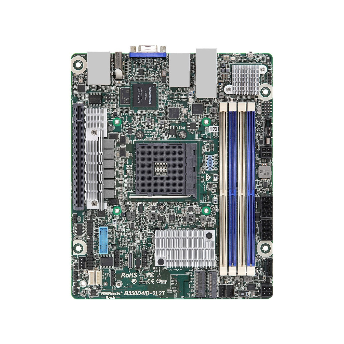 ASRock B550D4ID-2L2T - Mini-ITX AM4 Motherboard, B550 Chipset, 4x DDR4 up to 128GB, PCIe 4.0, Quad LAN, Passive Cooling - Green