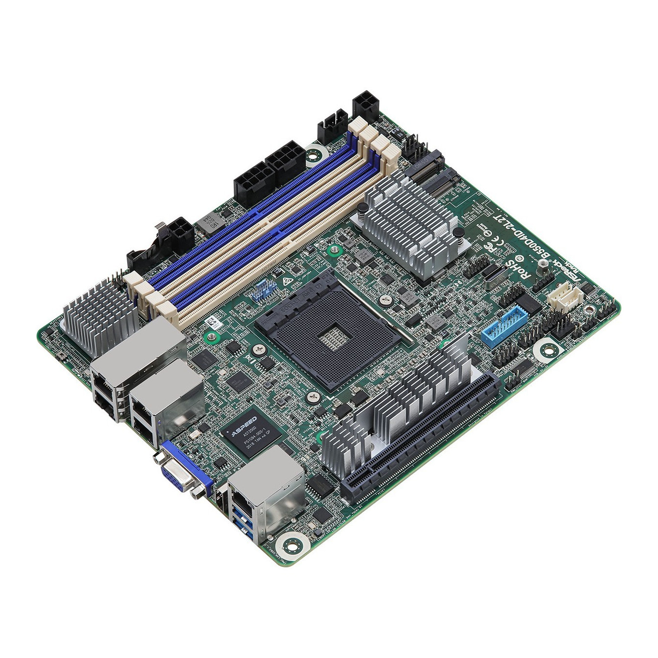 ASRock B550D4ID-2L2T - Mini-ITX AM4 Motherboard, B550 Chipset, 4x DDR4 up to 128GB, PCIe 4.0, Quad LAN, Passive Cooling - Green