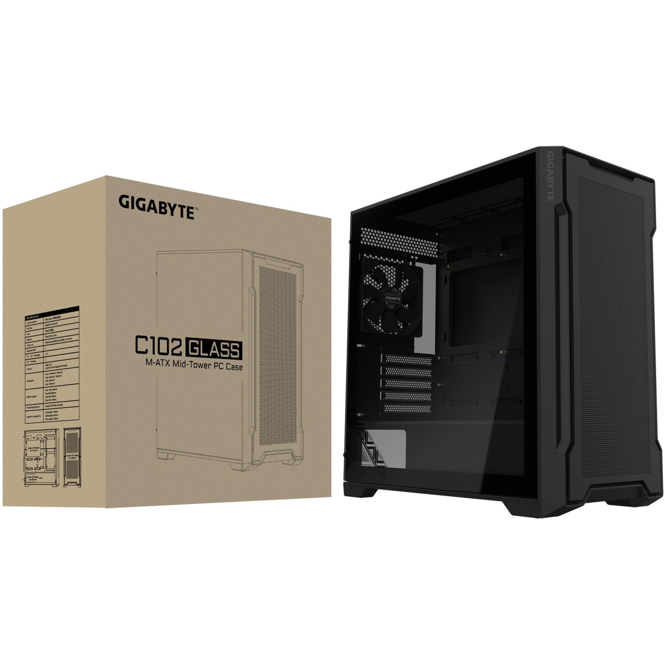 GIGABYTE C102 Glass Midi Tower - GB-C102G - Black, ATX/Mini-ITX Case, Tempered Glass, 41cm GPU, 16.5cm CPU Cooler