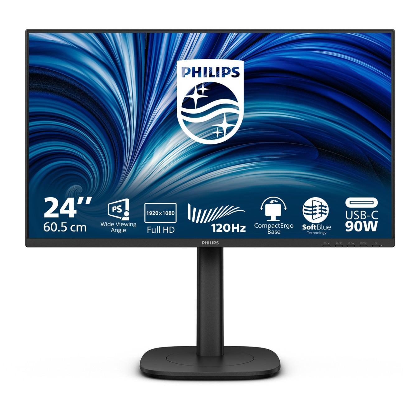 Philips 24B2U3301 - 23.8-inch IPS FHD (1920x1080) Monitor, 120Hz, 4ms GTG, USB-C PD 90W, HDMI & DP, 2x4W Speakers, Black