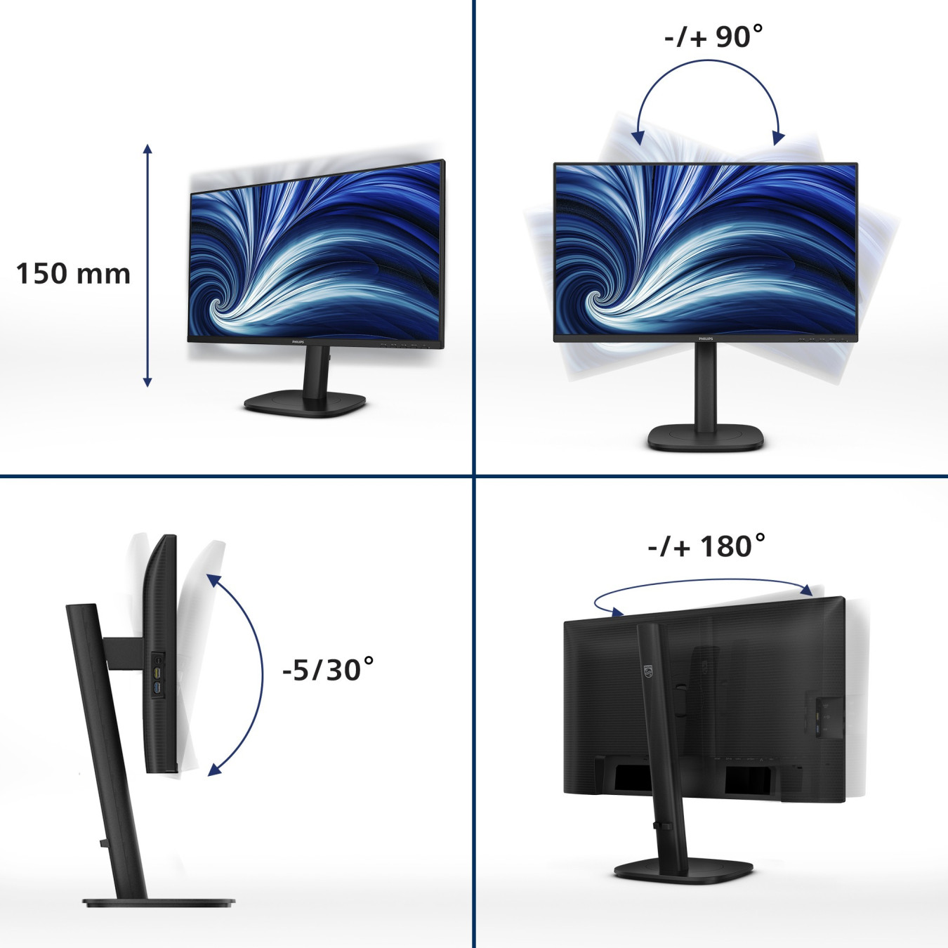 Philips 24B2U3301 - 23.8-inch IPS FHD (1920x1080) Monitor, 120Hz, 4ms GTG, USB-C PD 90W, HDMI & DP, 2x4W Speakers, Black