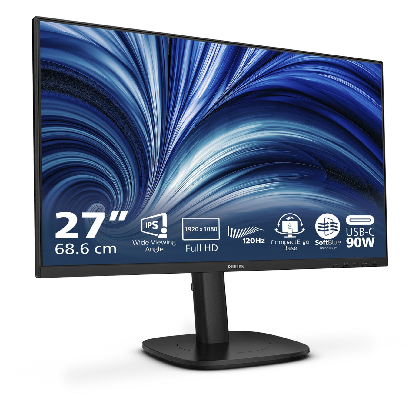 Philips 24B2U3301 - 23.8-inch IPS FHD (1920x1080) Monitor, 120Hz, 4ms GTG, USB-C PD 90W, HDMI & DP, 2x4W Speakers, Black
