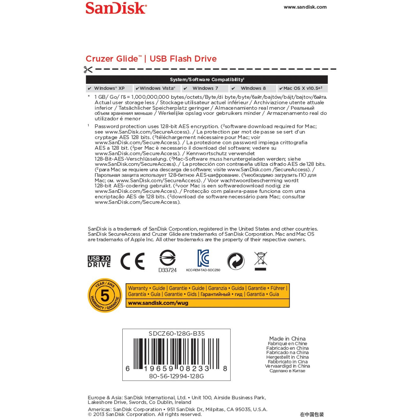 SanDisk Cruzer Glide - 128GB USB 2.0 Flash Drive - Black/Red, USB-A Slide Design, 128-bit AES Password Protection