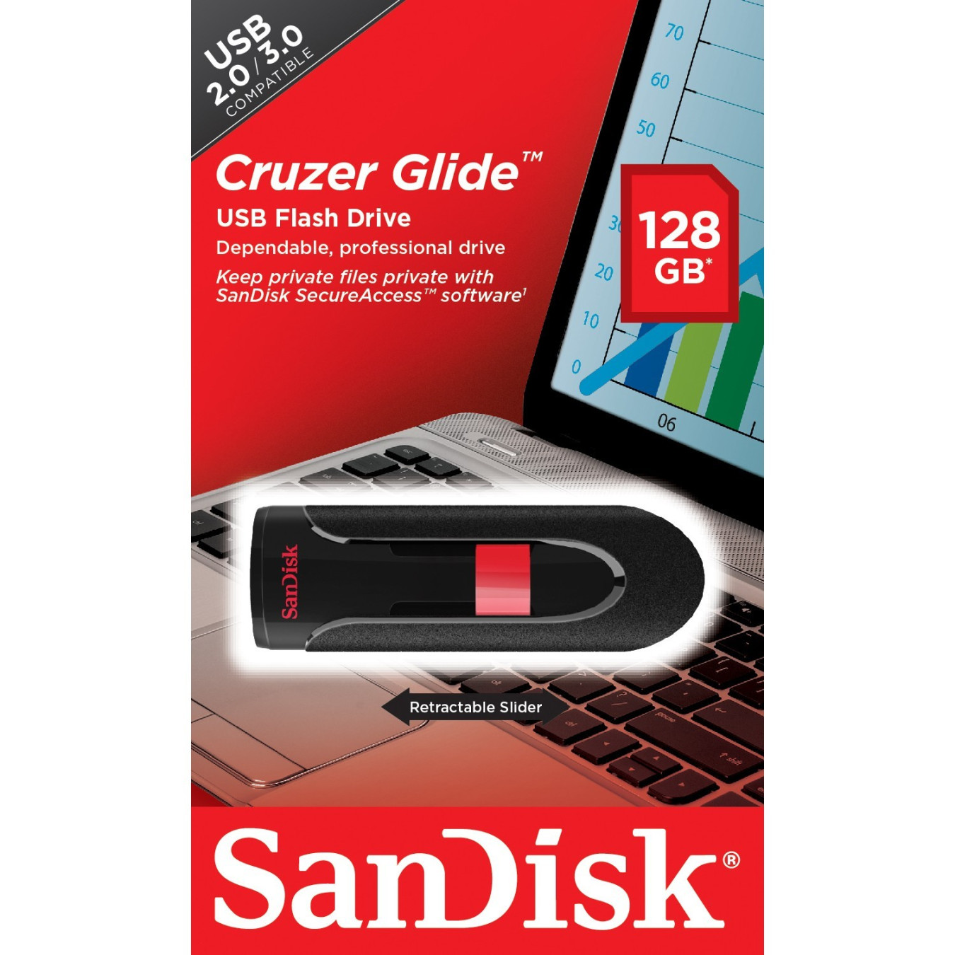 SanDisk Cruzer Glide - 128GB USB 2.0 Flash Drive - Black/Red, USB-A Slide Design, 128-bit AES Password Protection