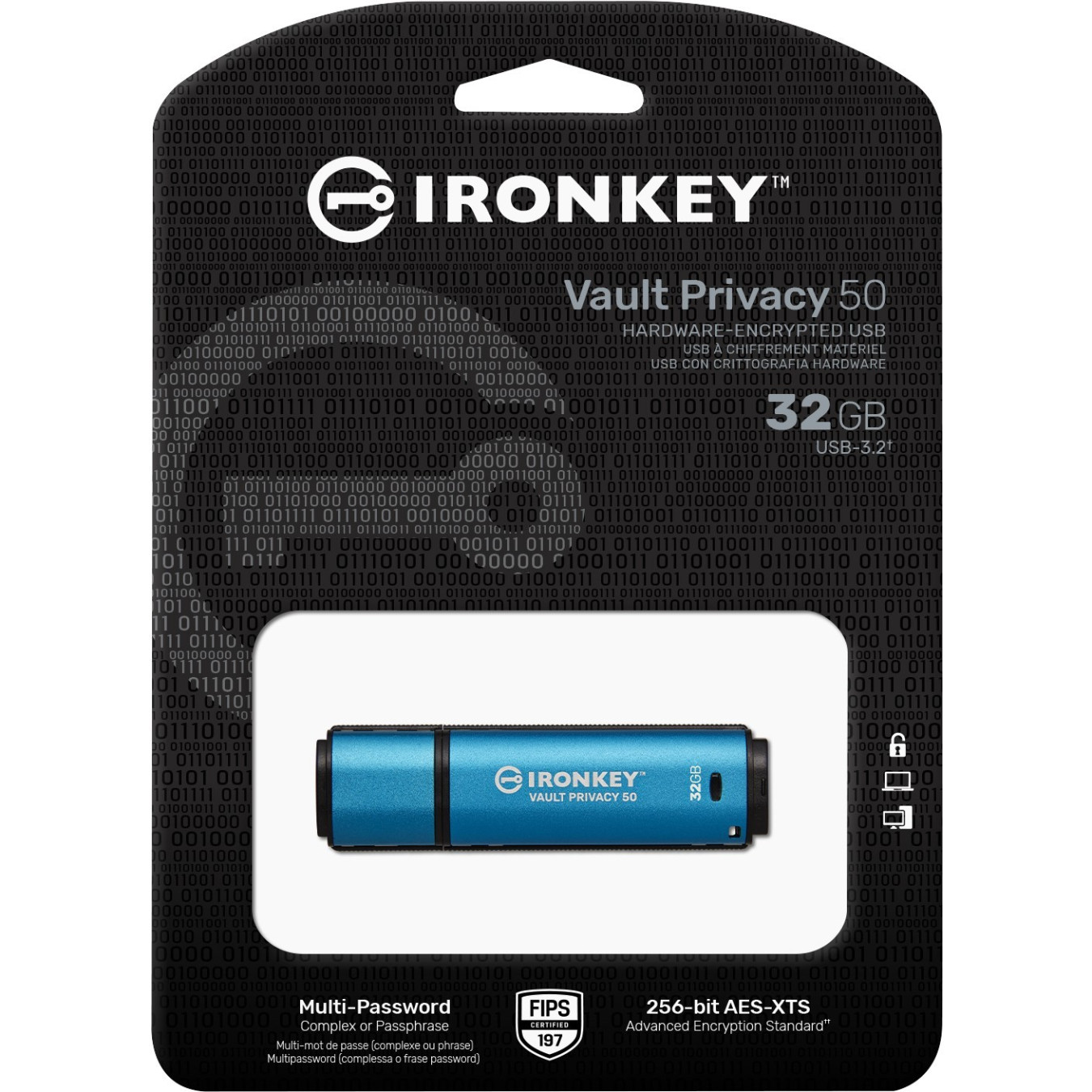 Kingston IronKey Vault Privacy 50 - 32GB AES-256 Encrypted USB-A 3.2 Gen1 Flash Drive (Black/Blue)