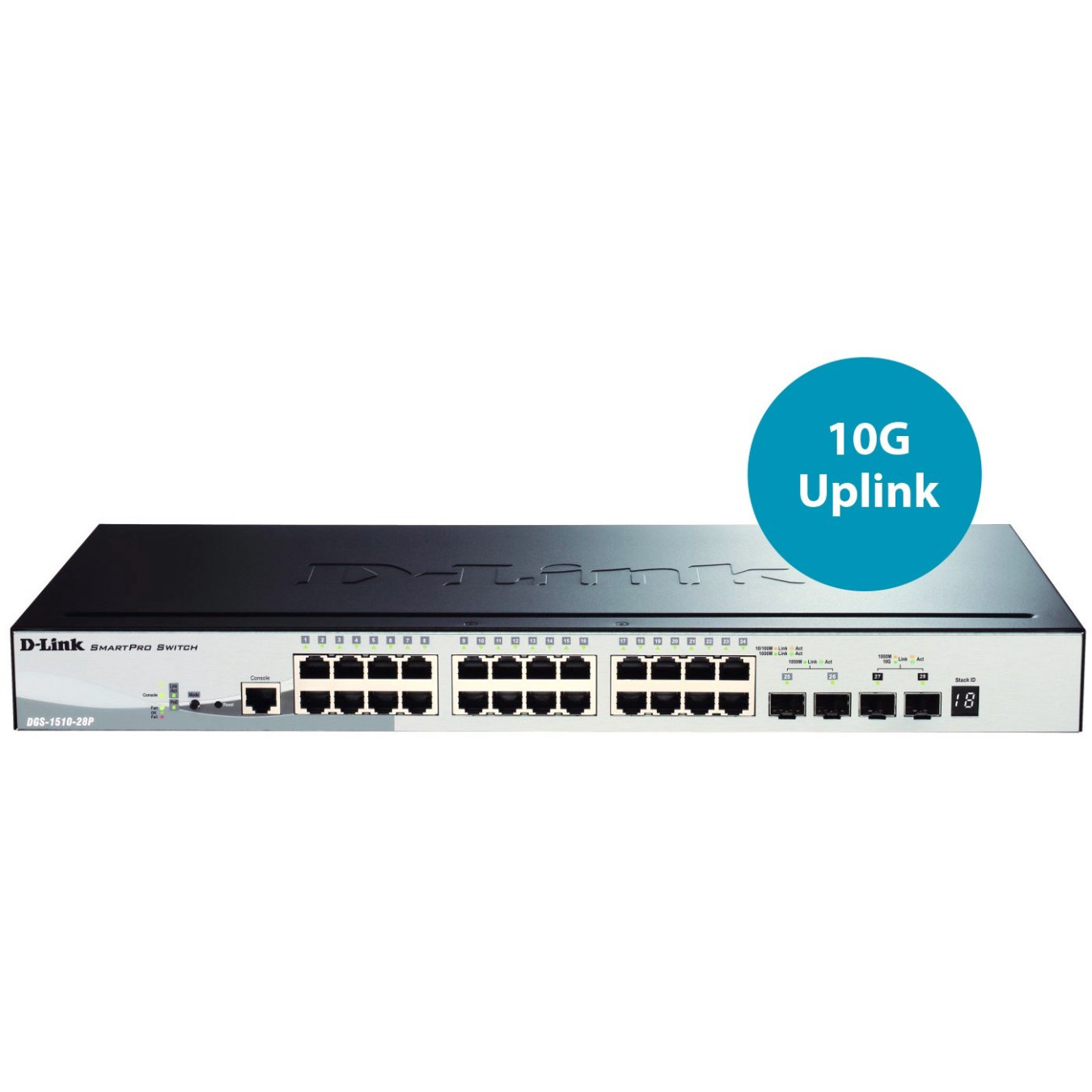 D-Link DGS-1510-28P - 28-Port L3 Smart Managed PoE Switch, 24 PoE Ports, 193W Budget, 2x10G SFP+ & 2xSFP, Rackmount, Black