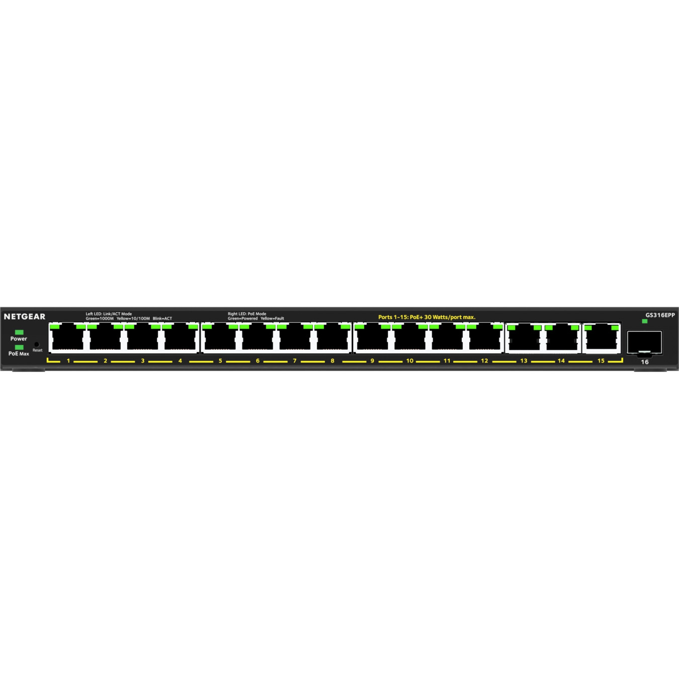 NETGEAR 16-Port PoE+ Gigabit Switch - GS316EPP-100PES - 15 PoE Ports, 231W Budget, 1 SFP, Black