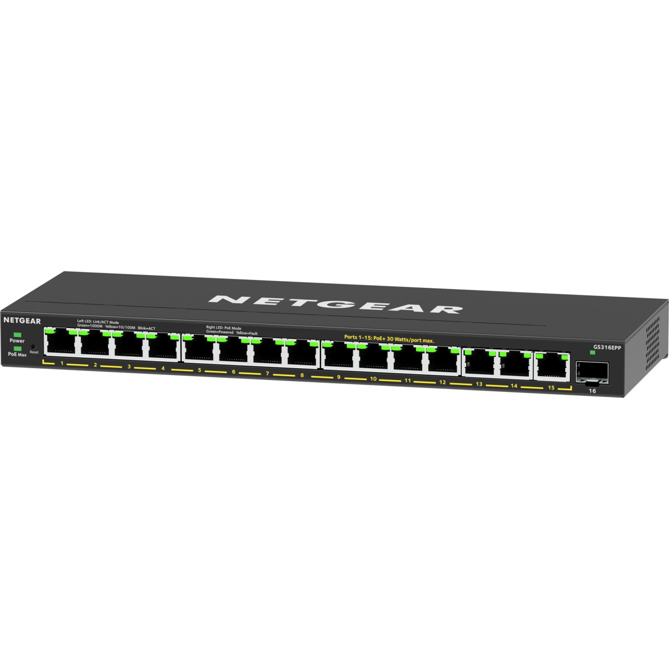 NETGEAR 16-Port PoE+ Gigabit Switch - GS316EPP-100PES - 15 PoE Ports, 231W Budget, 1 SFP, Black