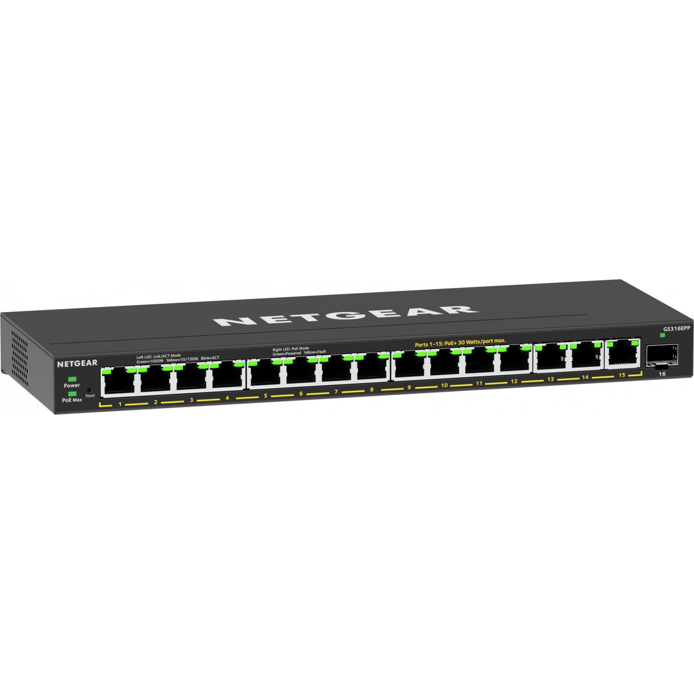 NETGEAR 16-Port PoE+ Gigabit Switch - GS316EPP-100PES - 15 PoE Ports, 231W Budget, 1 SFP, Black