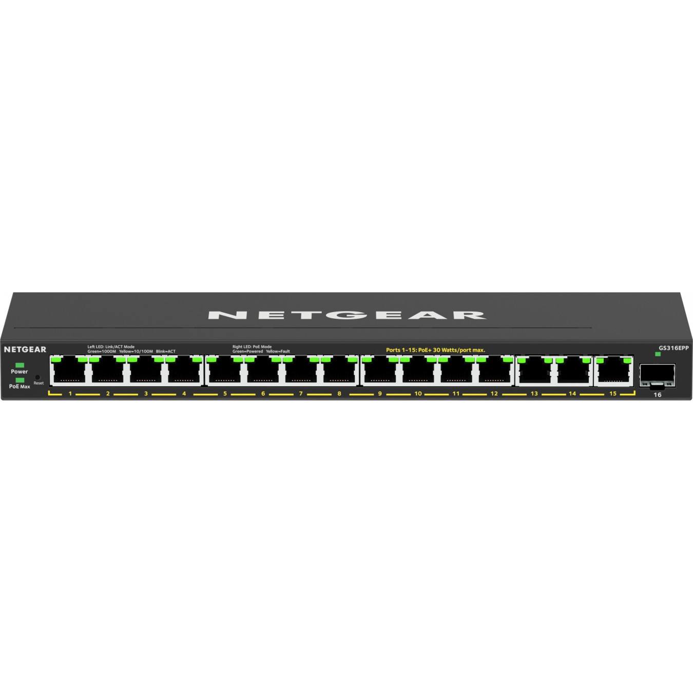 NETGEAR 16-Port PoE+ Gigabit Switch - GS316EPP-100PES - 15 PoE Ports, 231W Budget, 1 SFP, Black