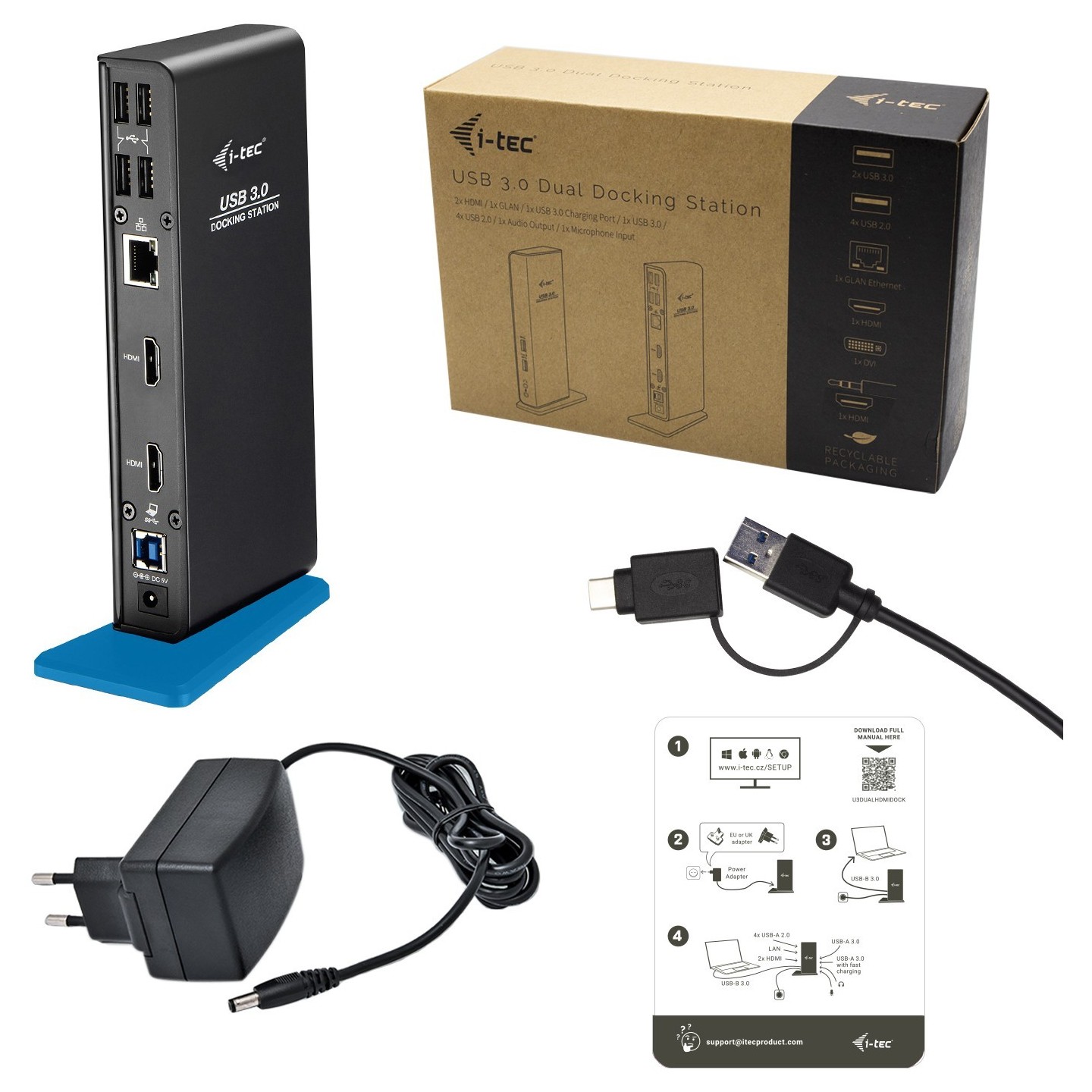 D I-TEC USB 3.0 Dual HDMI Docking Station - Black, USB-A 3.0, Dual HDMI, Gigabit Ethernet — Buy in Cyprus with Fast Delivery