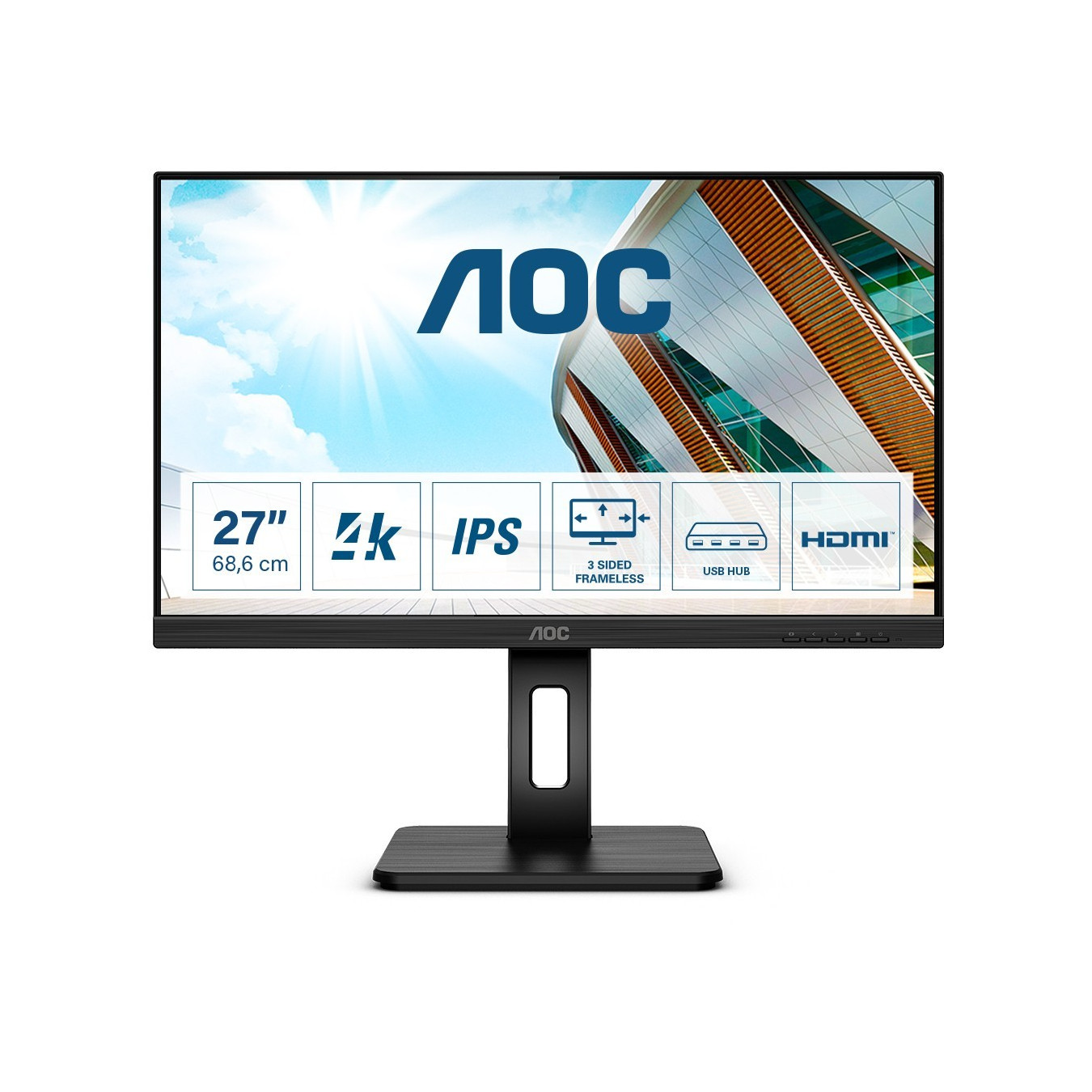 AOC U27P2 - 27-inch 4K IPS Monitor with Pivot, USB Hub, HDMI/DP, Black — Buy in Cyprus with Fast Delivery