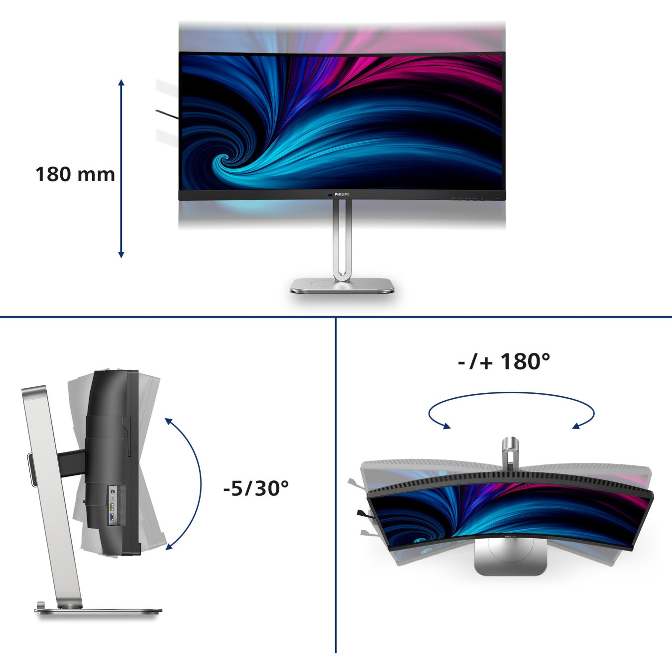 Philips 86.4cm (34.0') 34B2U5600C - 34-inch curved VA monitor, 3440x1440 UWQHD, 120Hz, Grey — Buy in Cyprus with Fast Delivery