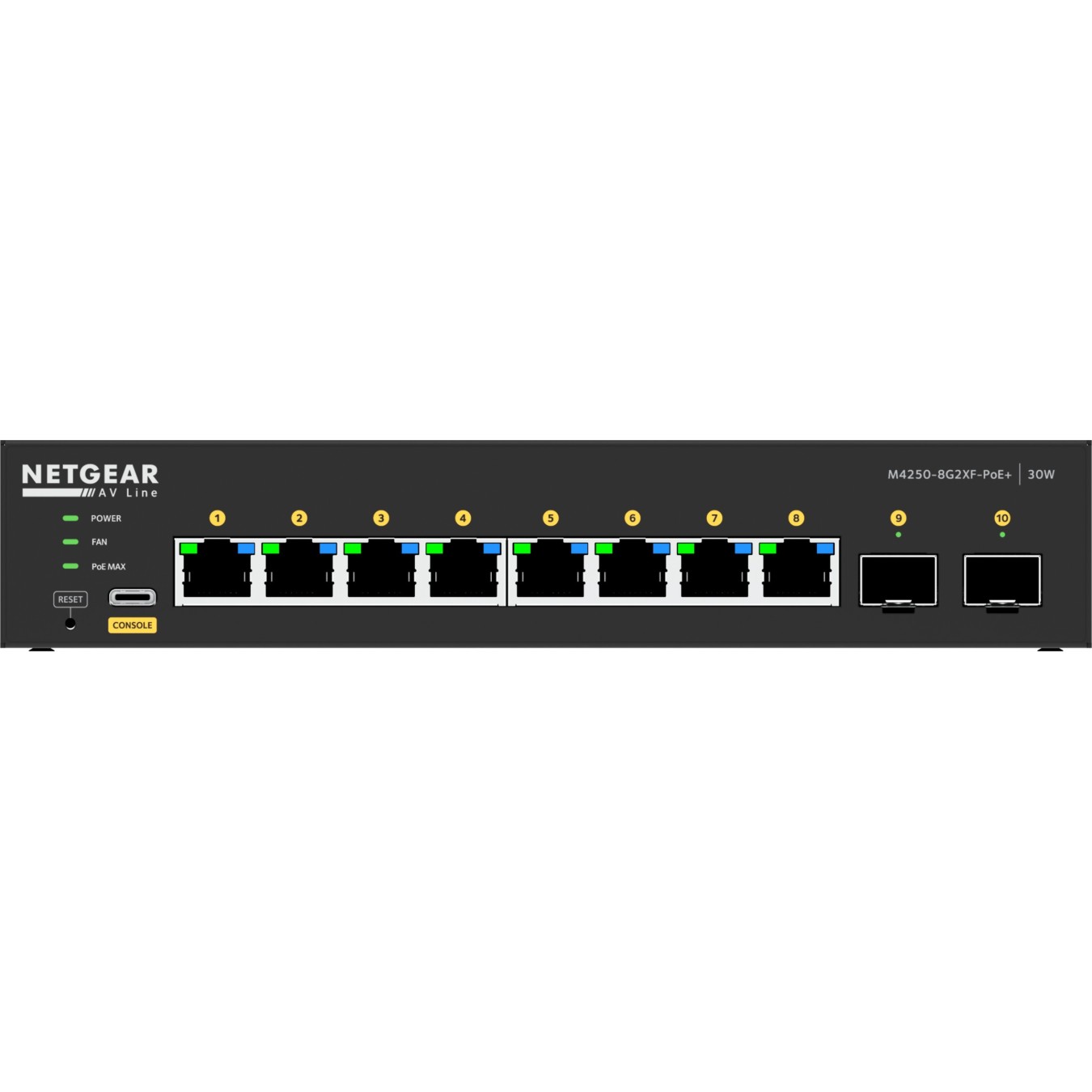 NETGEAR M4250-8G2XF-POE+ - 8x Gigabit PoE+ & 2x SFP+ (220W), 2GB RAM, ARM Cortex-A9 1.25GHz, Black