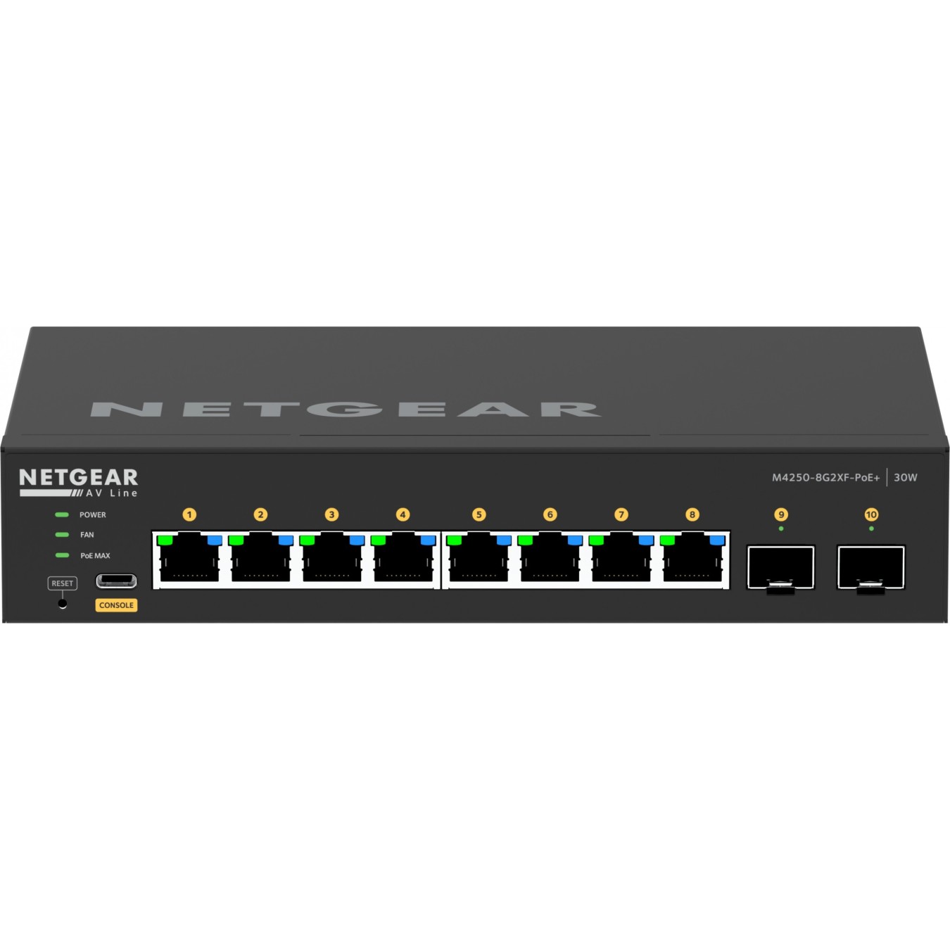 NETGEAR M4250-8G2XF-POE+ - 8x Gigabit PoE+ & 2x SFP+ (220W), 2GB RAM, ARM Cortex-A9 1.25GHz, Black