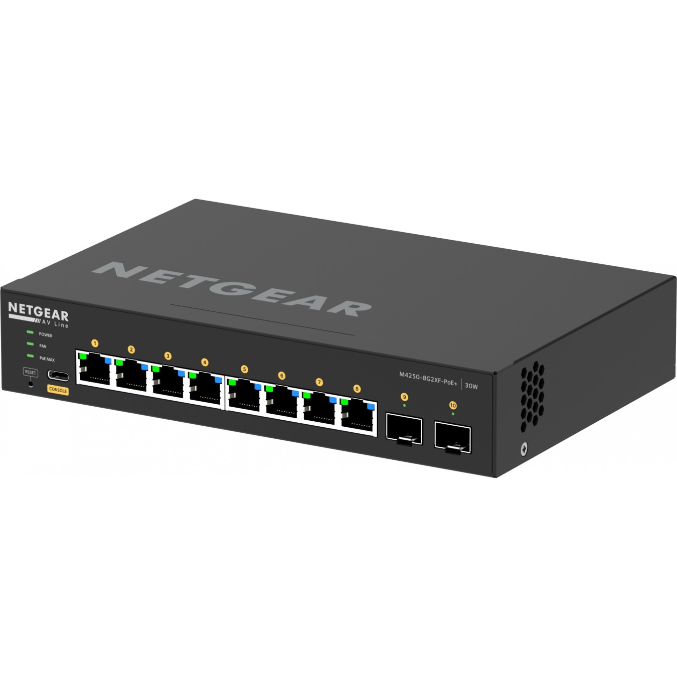 NETGEAR M4250-8G2XF-POE+ - 8x Gigabit PoE+ & 2x SFP+ (220W), 2GB RAM, ARM Cortex-A9 1.25GHz, Black