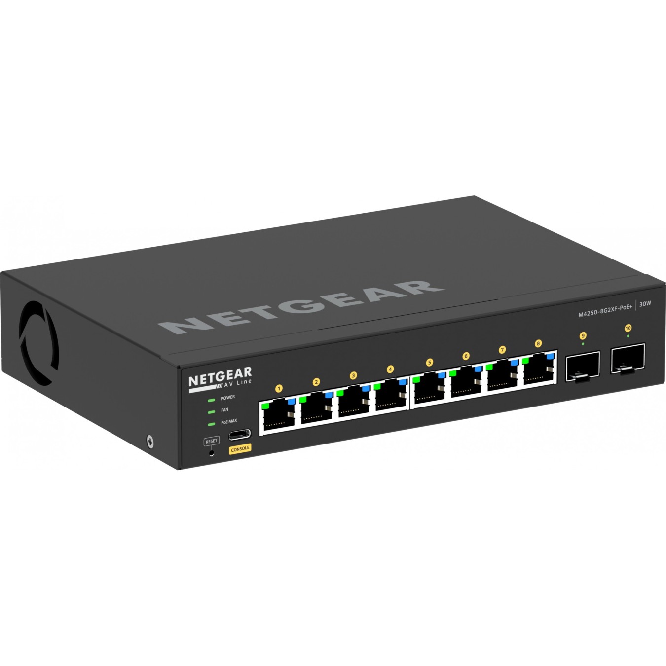 NETGEAR M4250-8G2XF-POE+ - 8x Gigabit PoE+ & 2x SFP+ (220W), 2GB RAM, ARM Cortex-A9 1.25GHz, Black