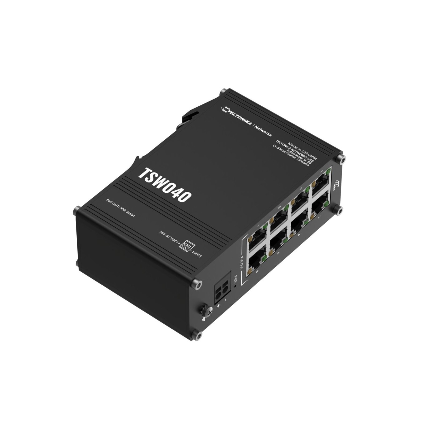 Teltonika TSW040 Unmanaged 8-Port PoE+ Switch - TSW040 - 8x Fast Ethernet, 240W PoE Budget, 48V, Black, Aluminium